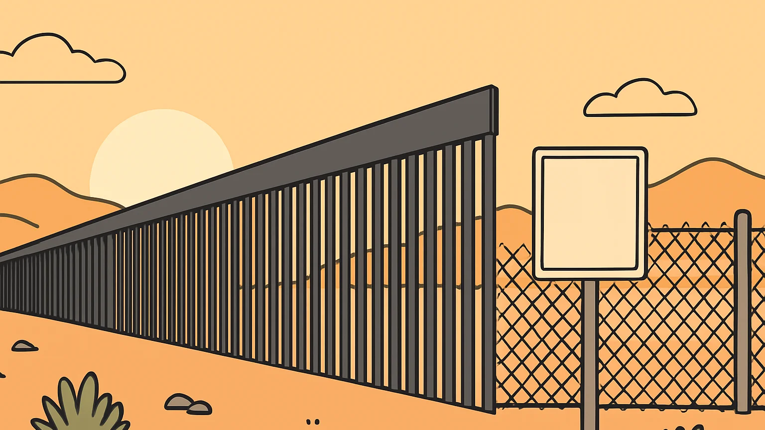 Illustration: a long steel border fence stretching into the distance in a desert border at dawn
