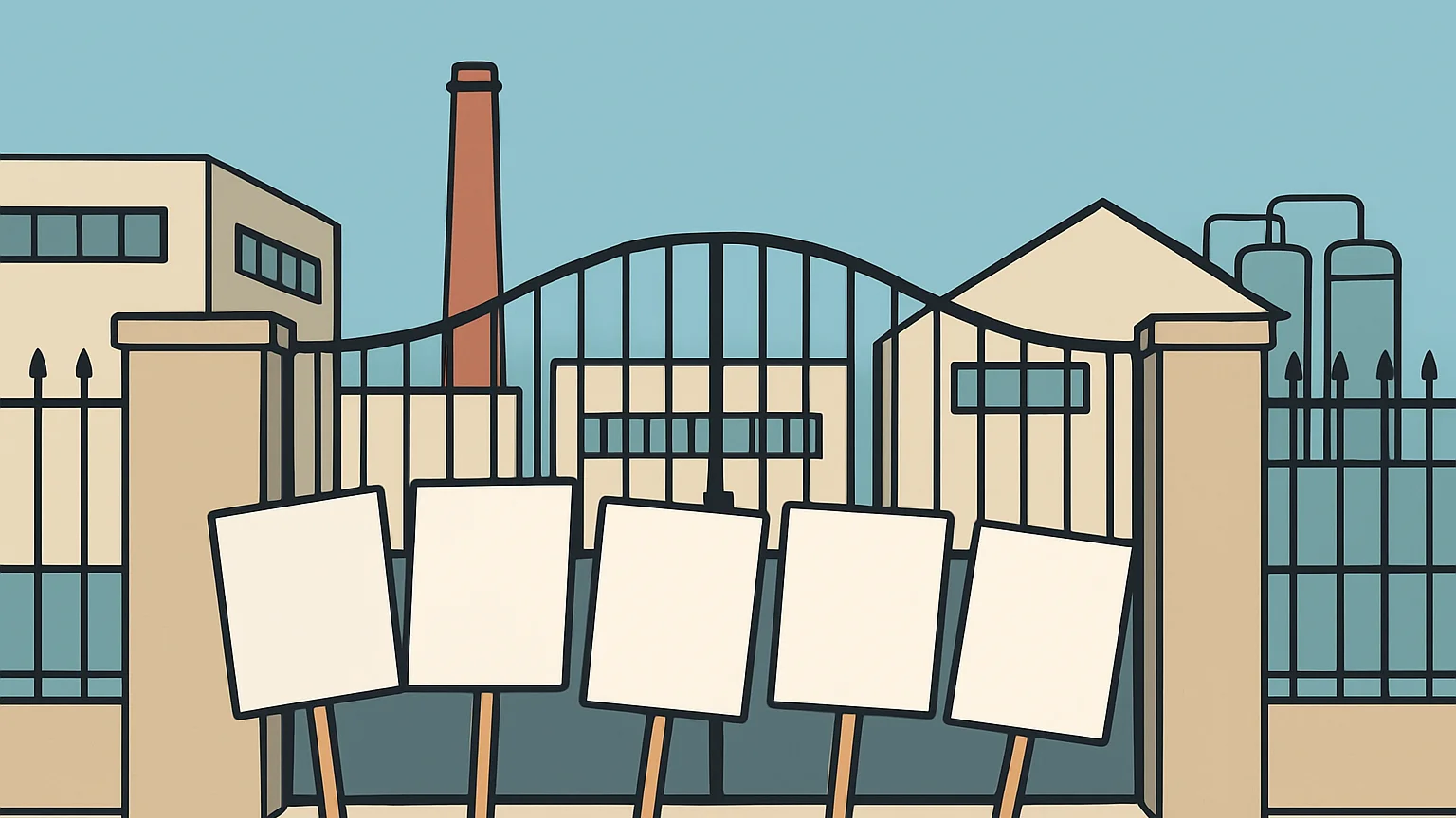 Illustration: a row of blank picket signs leaning against the fence in a factory gate