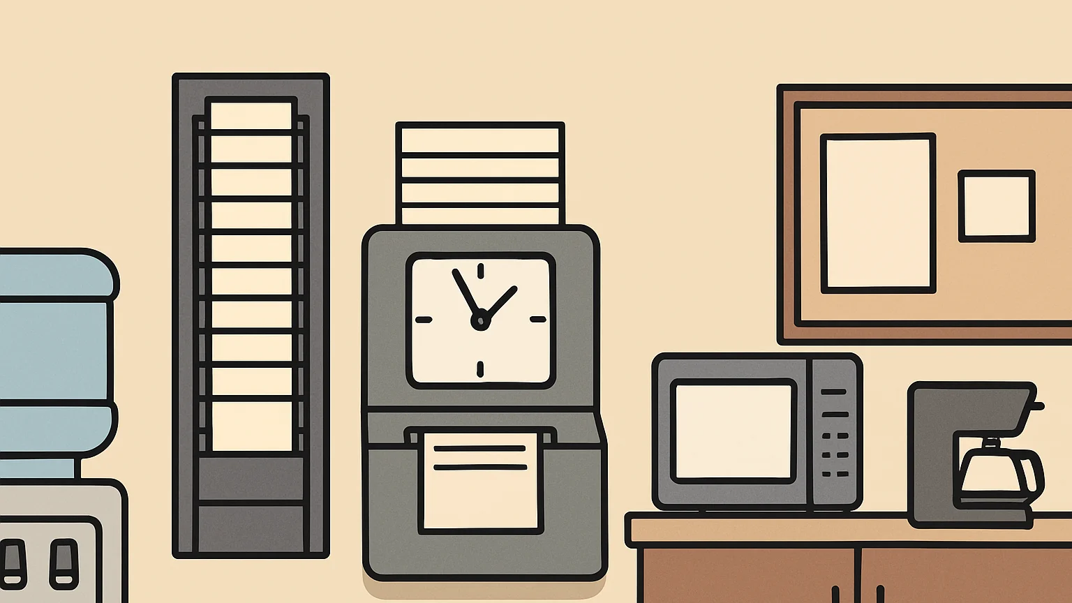 Illustration: a time clock with a rack of blank punch cards in a break room in a workplace