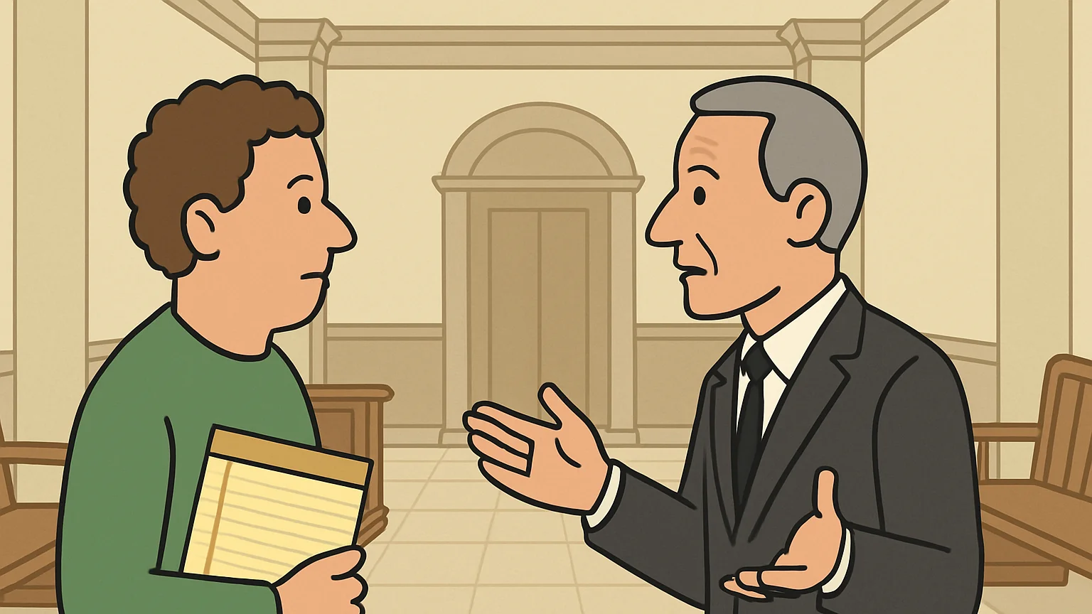 A defendant with a legal pad confronts a prosecutor in a courthouse hallway.