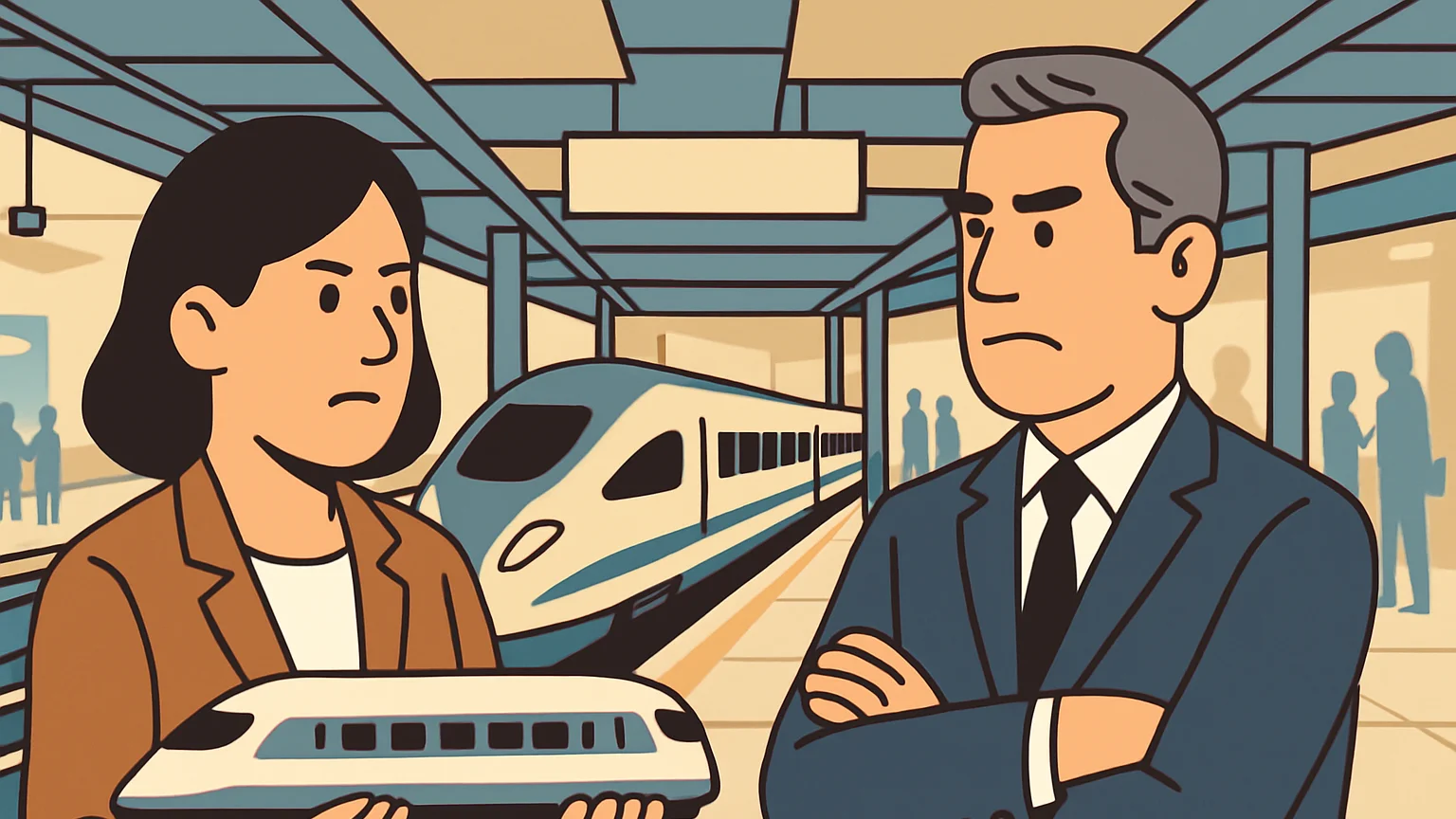 Scene of a train manufacturer confronting a federal official at a railway platform.