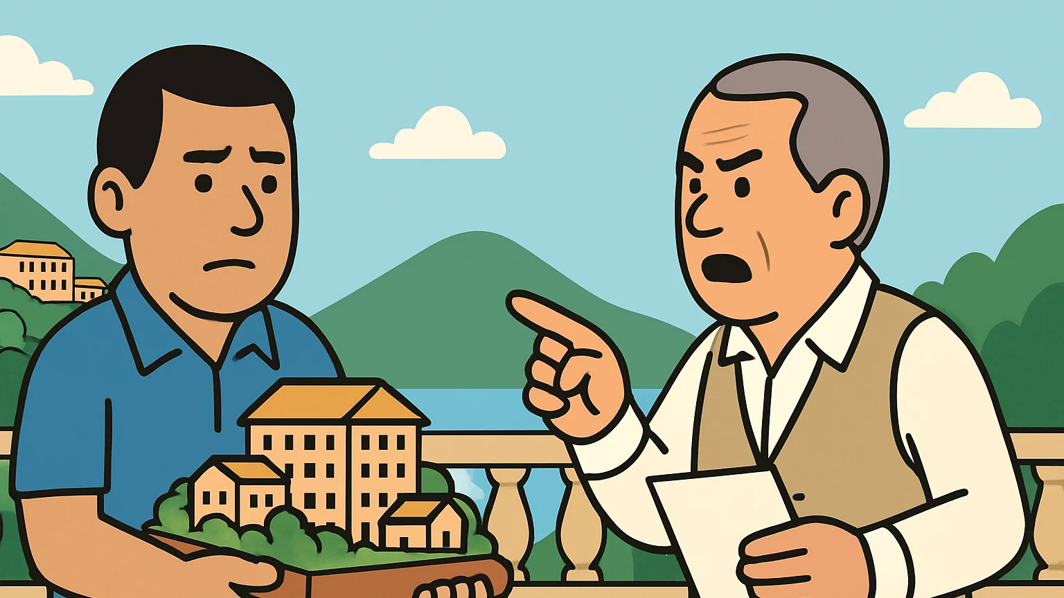 A resort representative and auctioneer dispute over a resort model on a hillside patio.