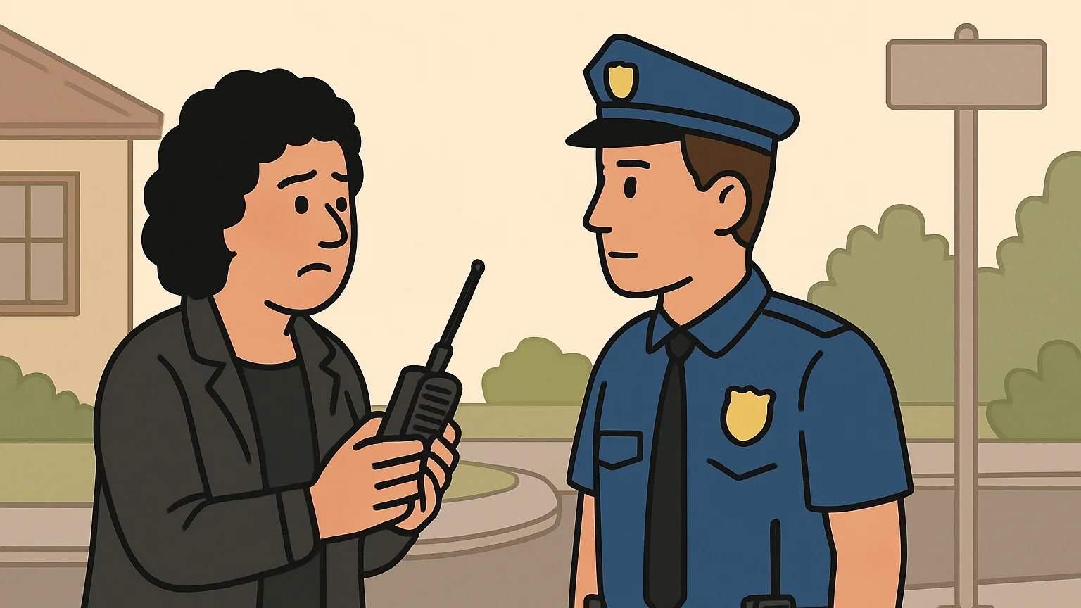 Aunt and police officer in a tense discussion at a street corner.