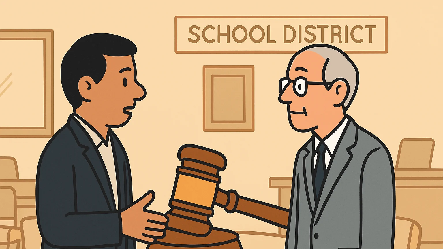 A school district representative and an arbitrator stand in an office with a gavel on a table between them, showing a dispute over an arbitration decision.