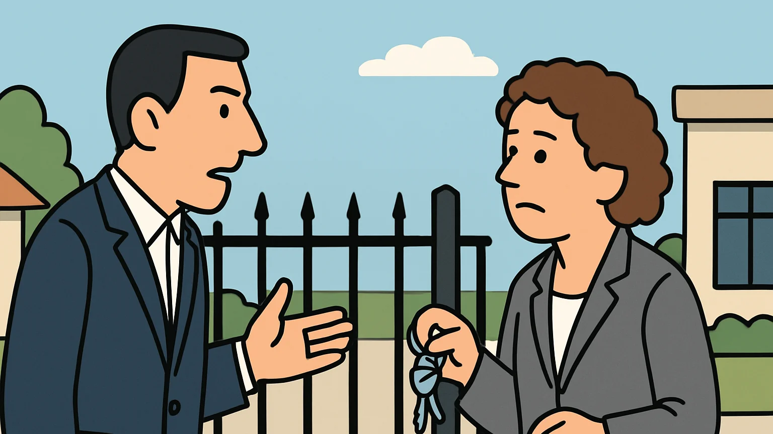 A man in a suit and a woman in a blazer argue over a metal gate at a property entrance.