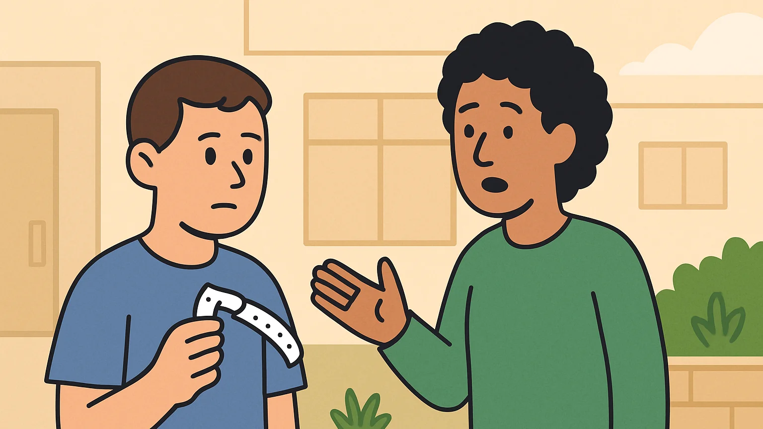A psychiatric patient and a mental health advocate discussing a legal challenge outdoors.