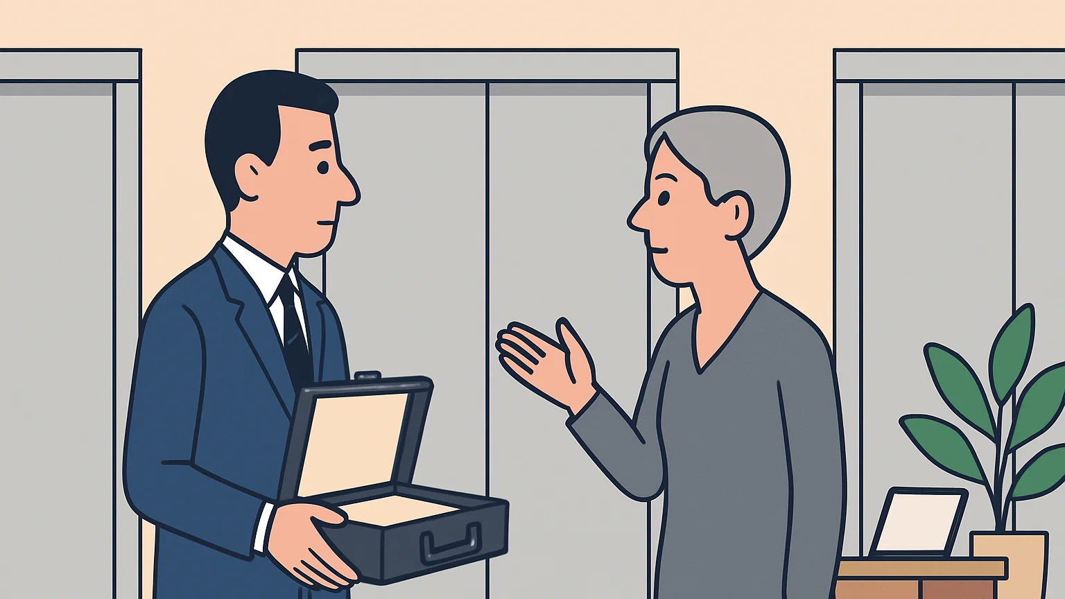 Two business representatives in a modern office lobby discussing a briefcase.