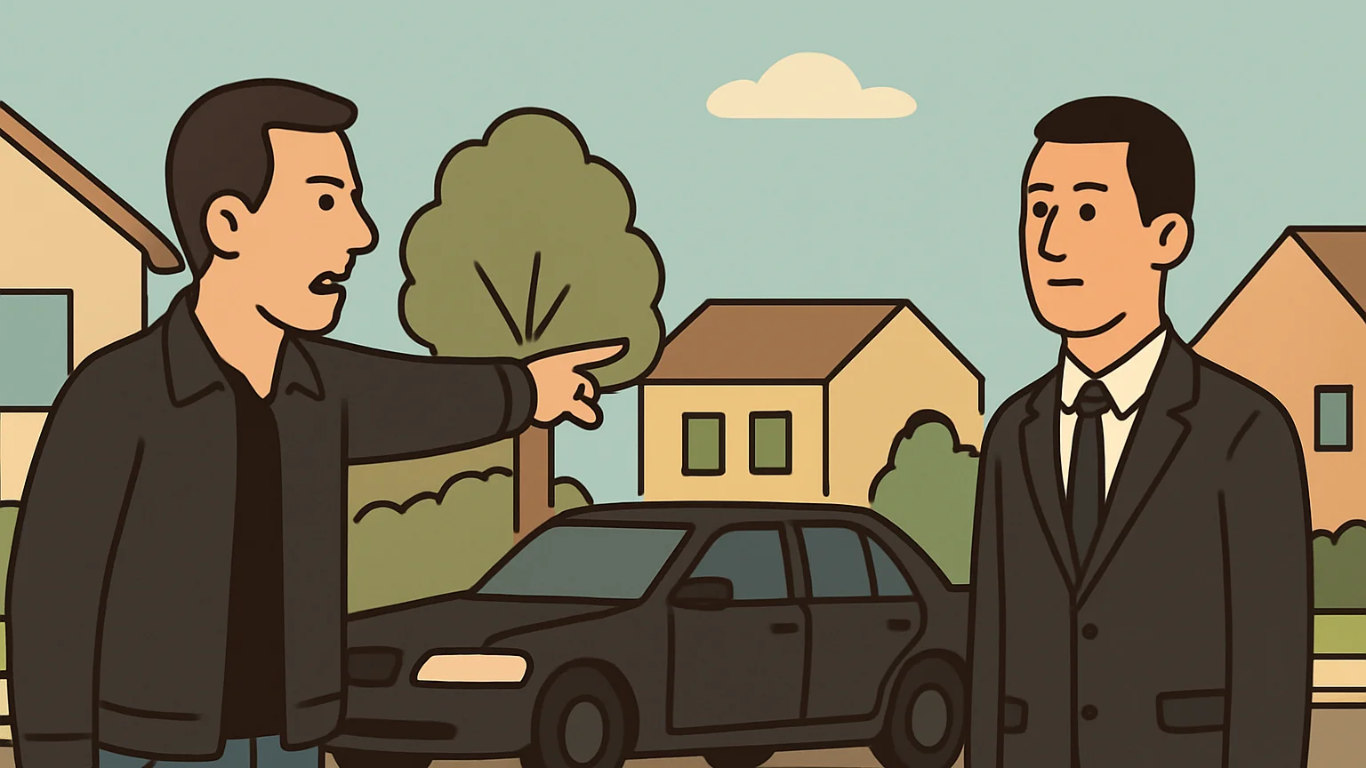 An actor points at an unmarked car as a government agent stands nearby on a suburban street.