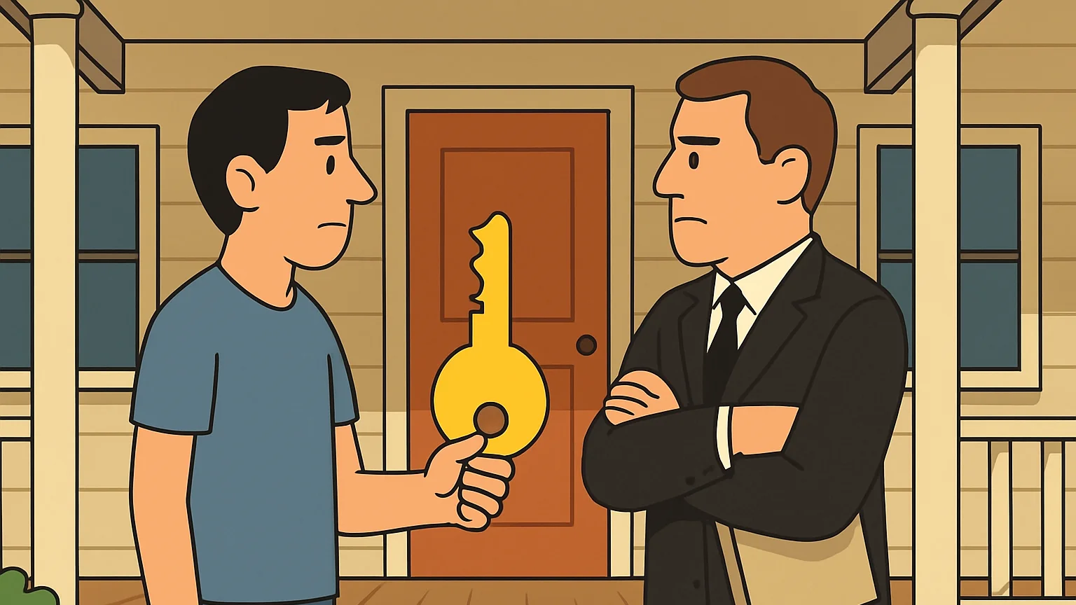 A scene depicting a conflict between a homeowner and a bank representative over a foreclosure issue.