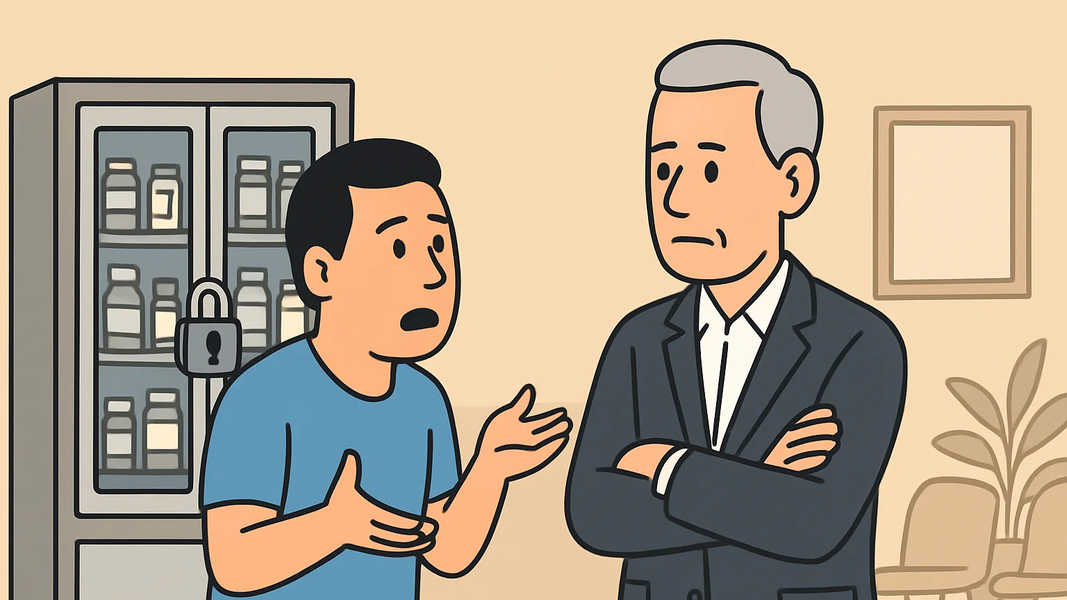 A man in casual clothes speaks while a suited figure listens in a treatment facility.