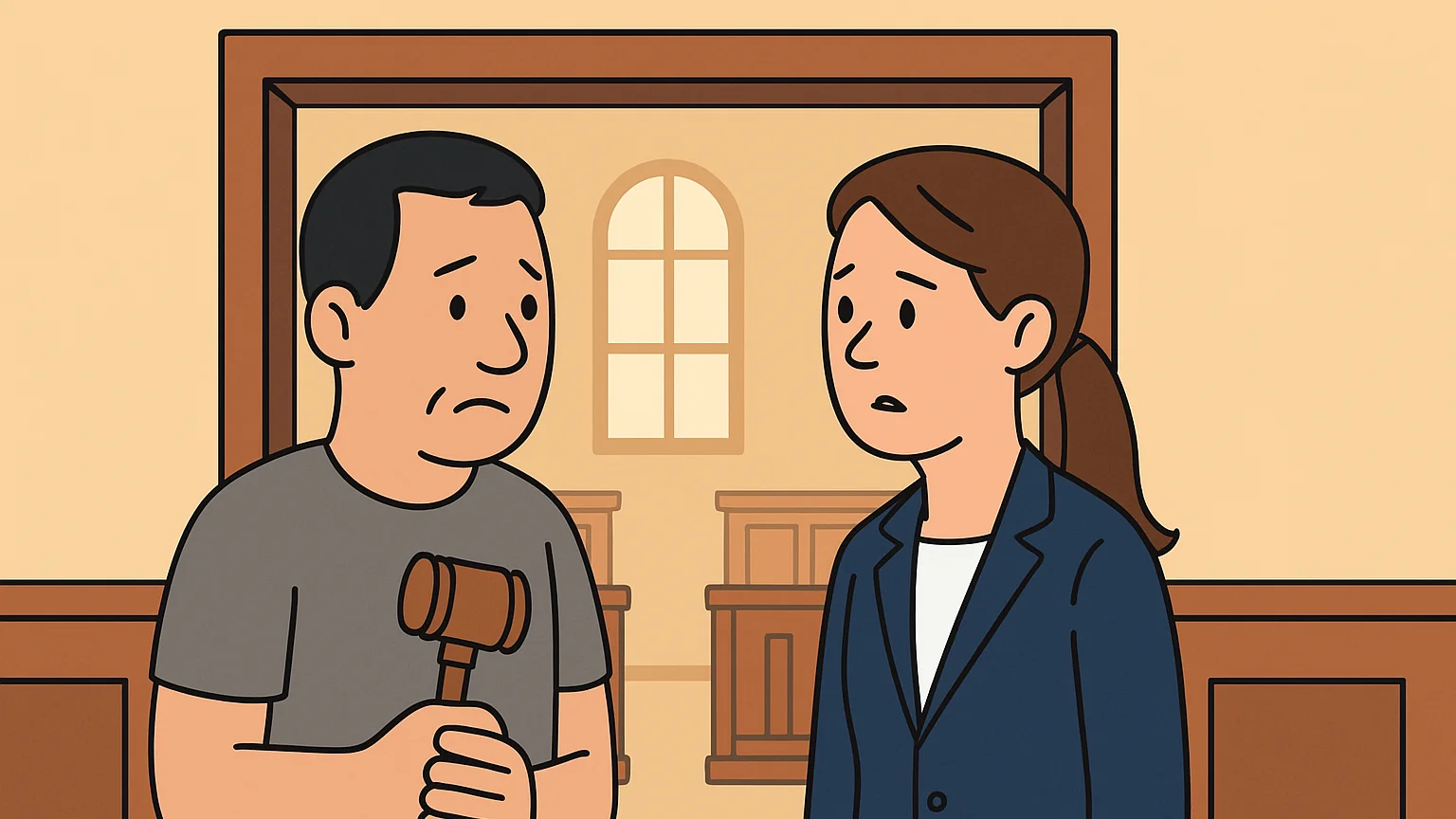A courtroom scene with a defendant holding a gavel and a prosecutor observing.