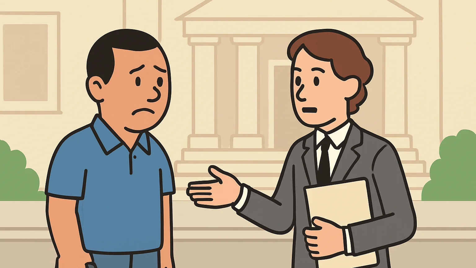 A client and a lawyer discussing fees outside a courthouse, both holding legal items.