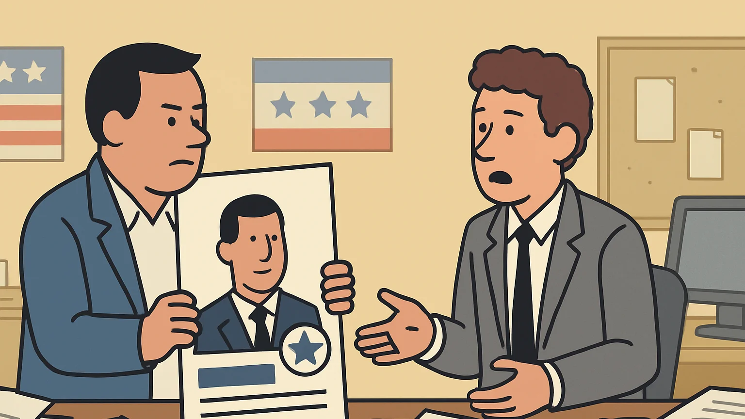 A political campaign manager and an advertising executive argue over a large ad in a campaign office.