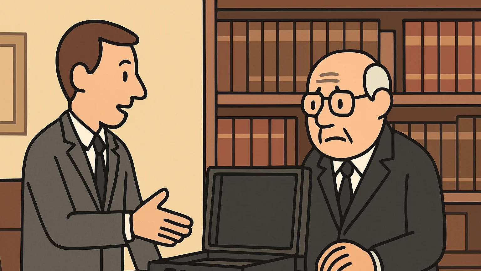 A tense scene in an office, showing an attorney and a regulatory board member discussing trust fund issues.
