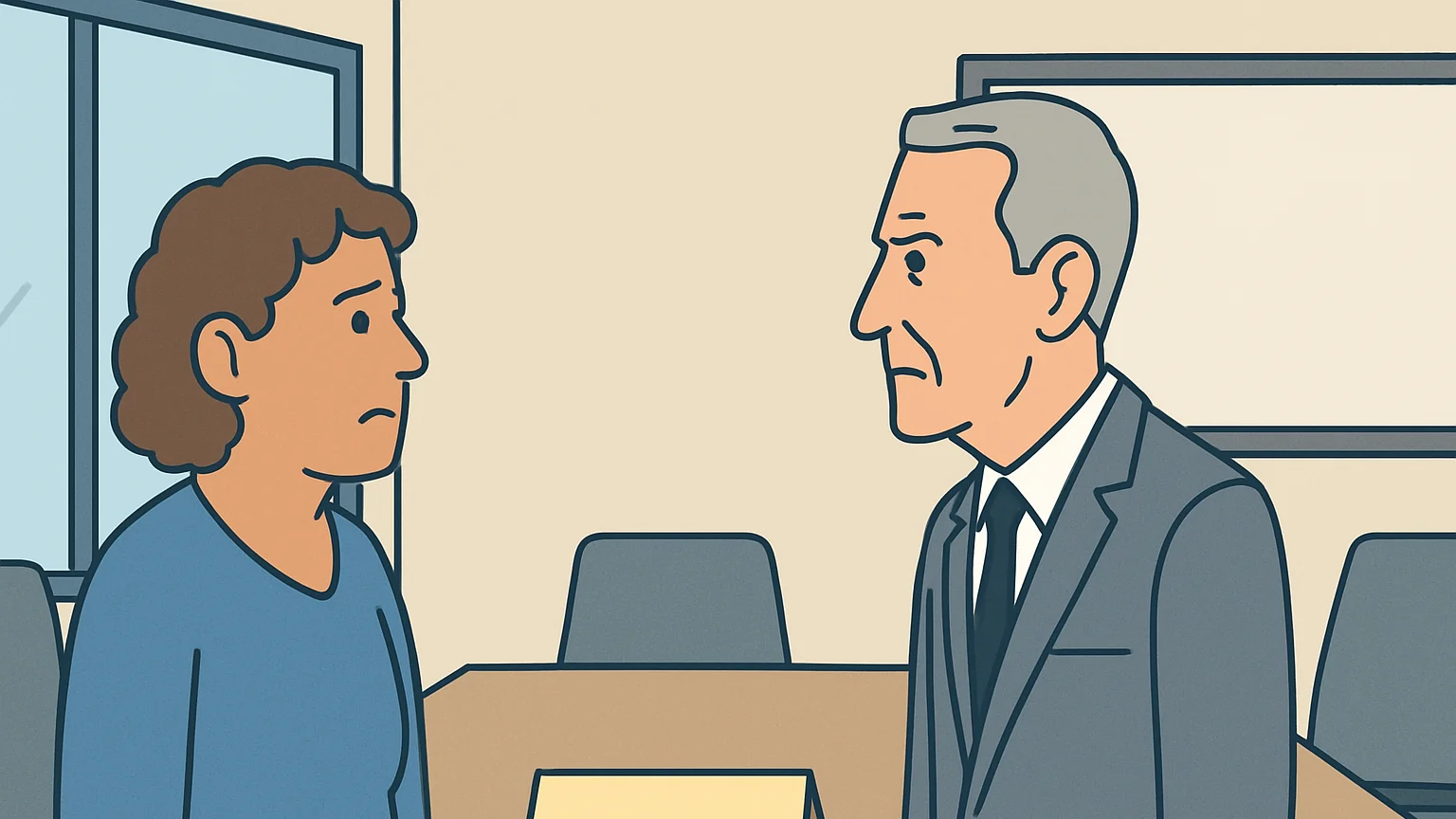 A woman in a blue blouse and a man in a gray suit face each other in a conference room with a desk featuring a plain office nameplate between them.