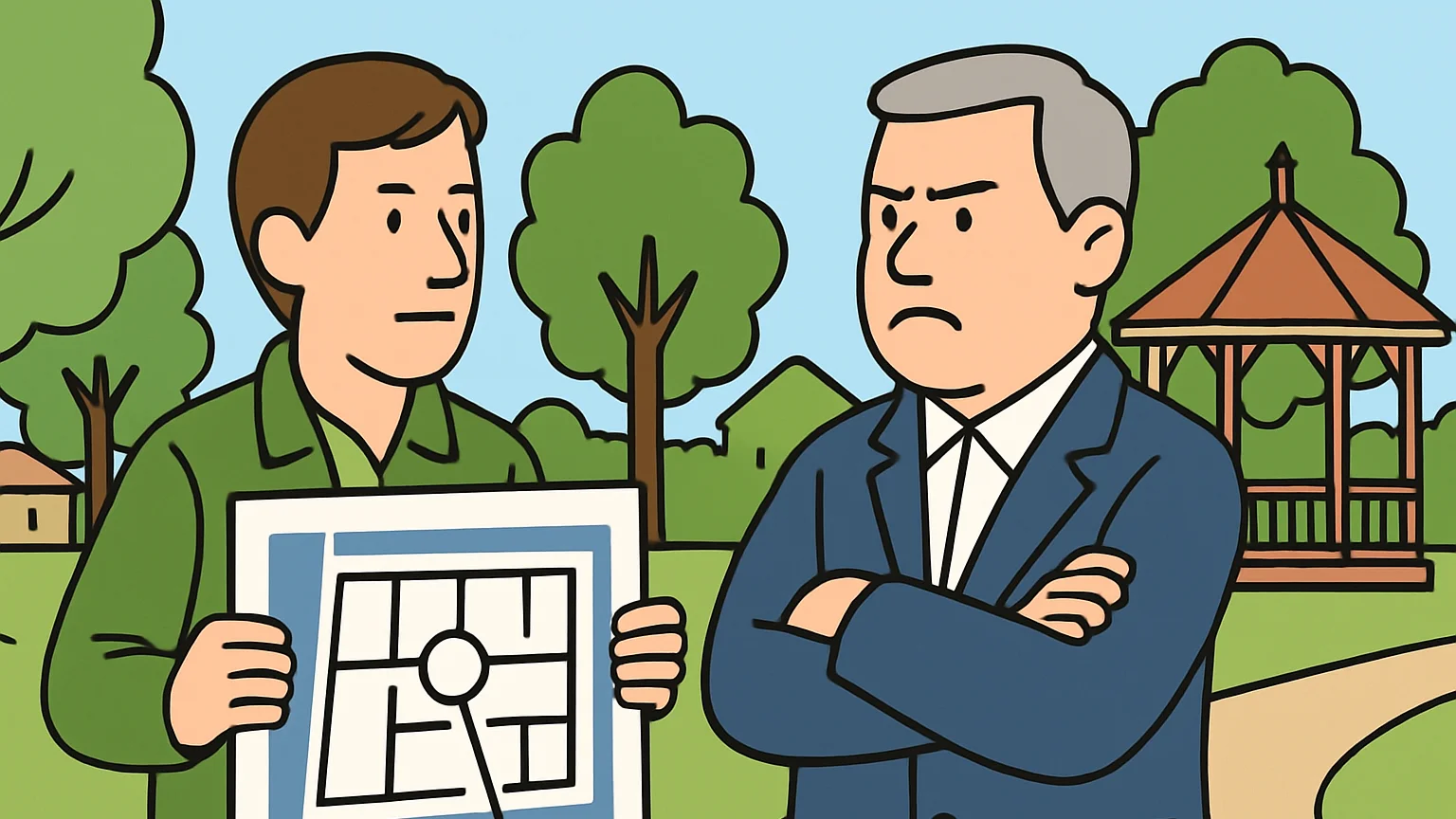 A resident holds a blueprint while a local official opposes the incorporation.