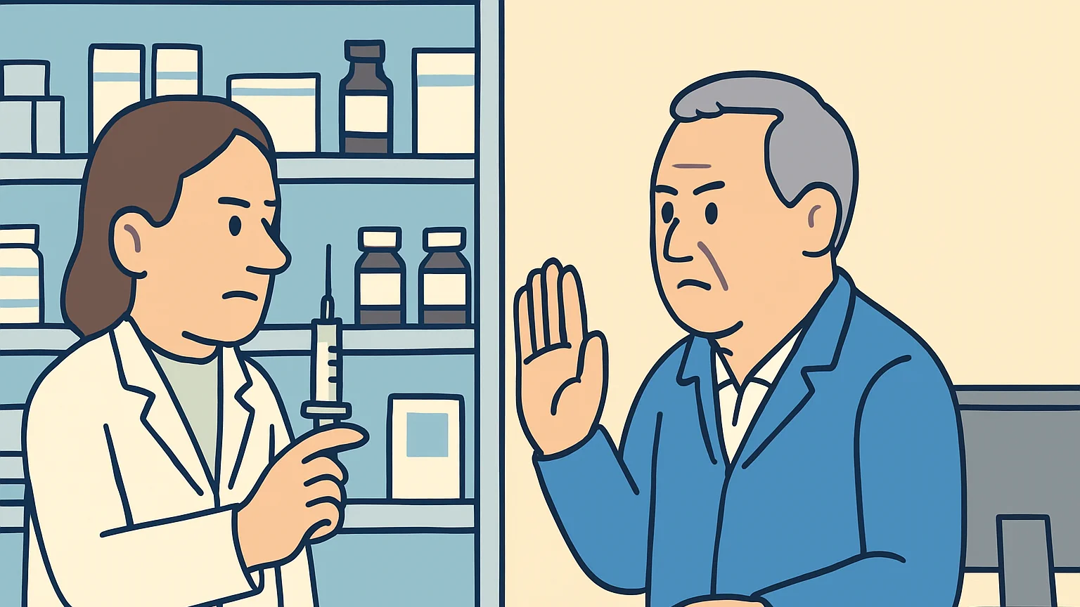 A pharmacist and hospital representative argue in a pharmacy over a vaccine syringe.