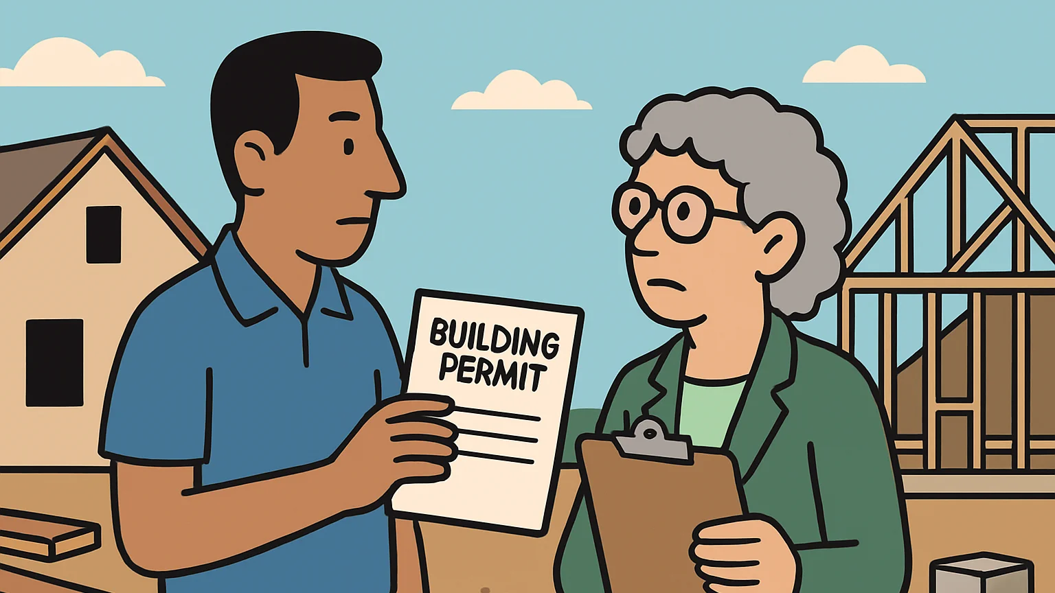 A builder and a town official at a construction site, discussing a building permit.