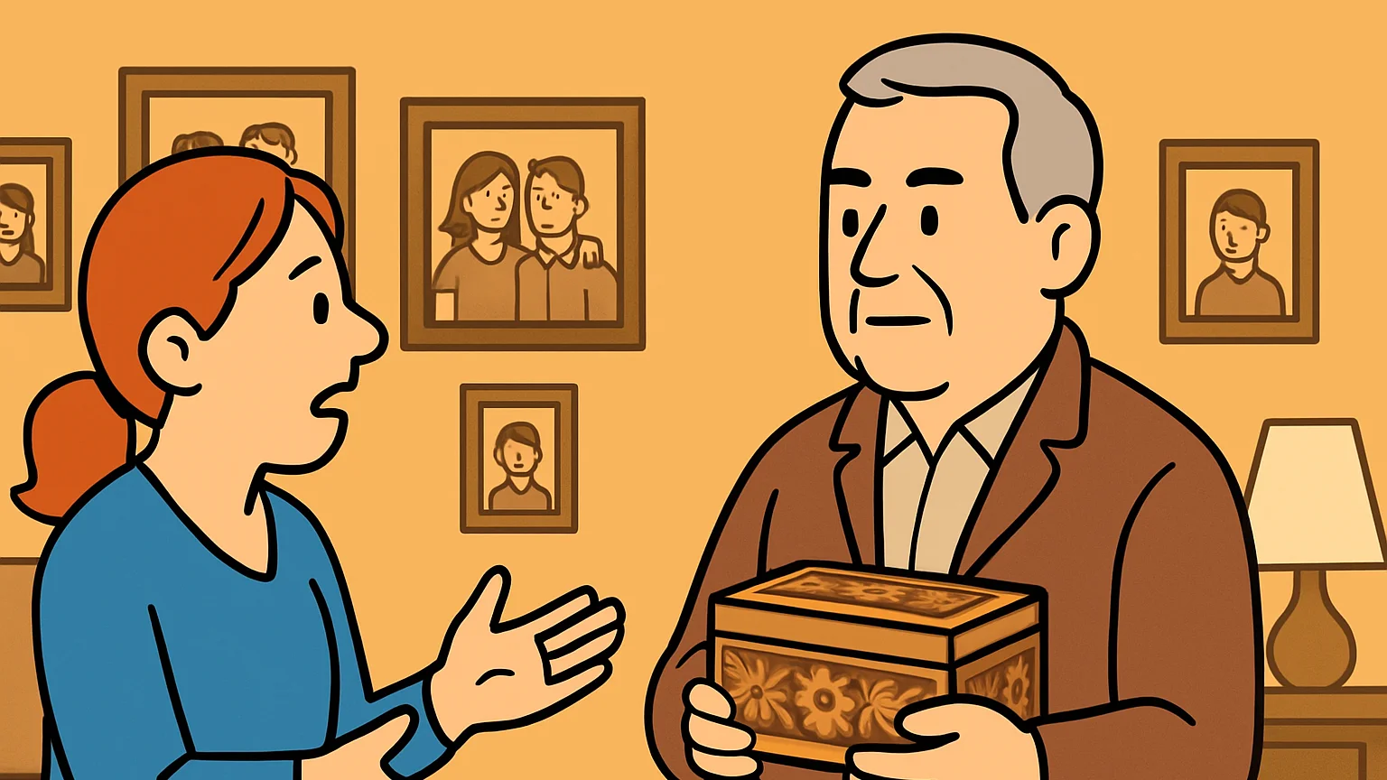 A woman asks a man for a box symbolizing family trust documents in a living room.
