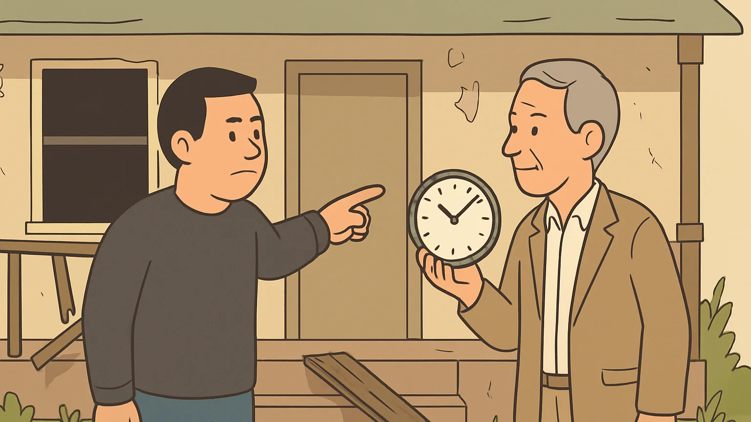 Two people debate at a worn property over missed repairs and legal time limits.