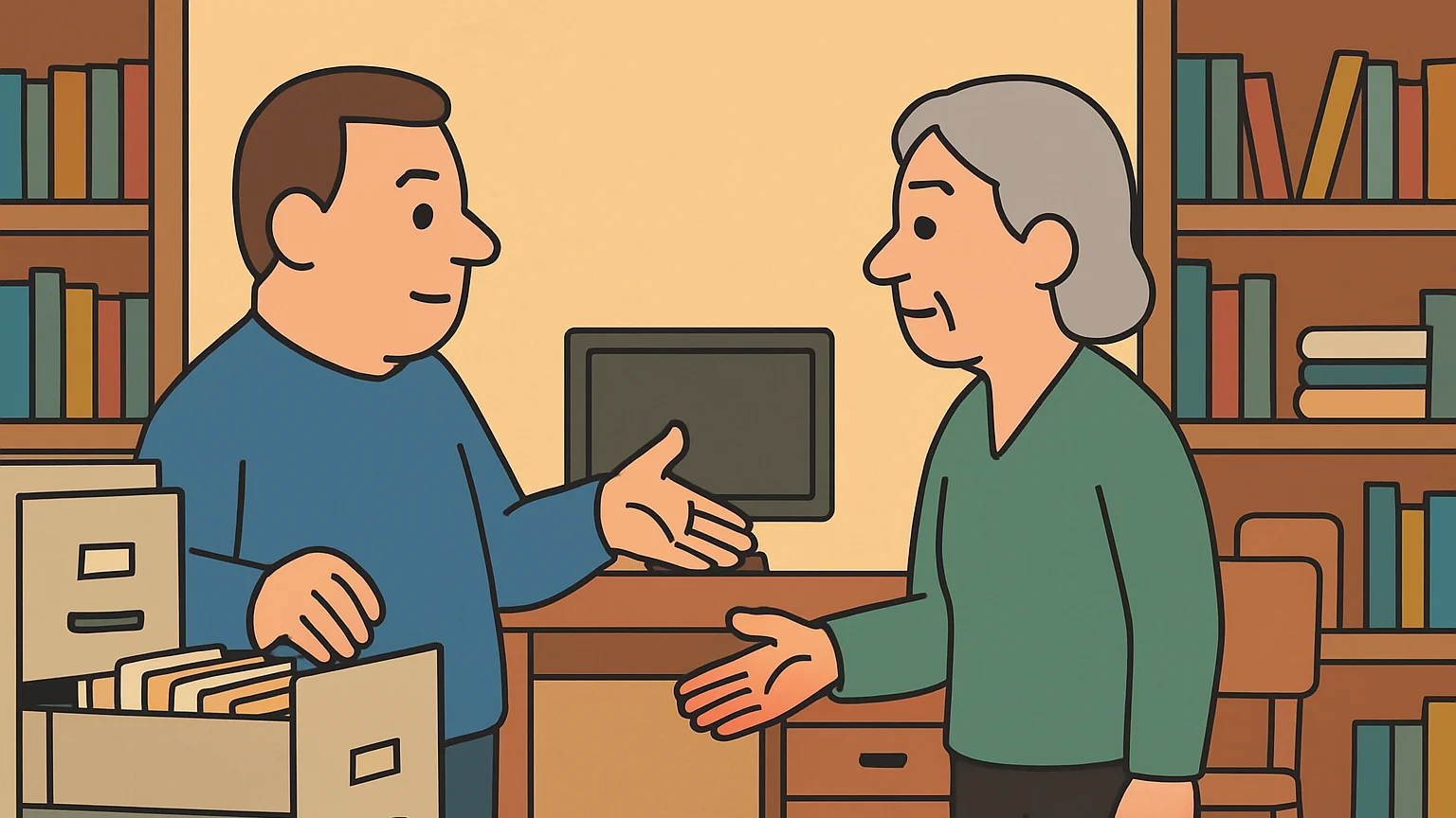 A trustee and beneficiary in a home office discuss records by an open filing cabinet.