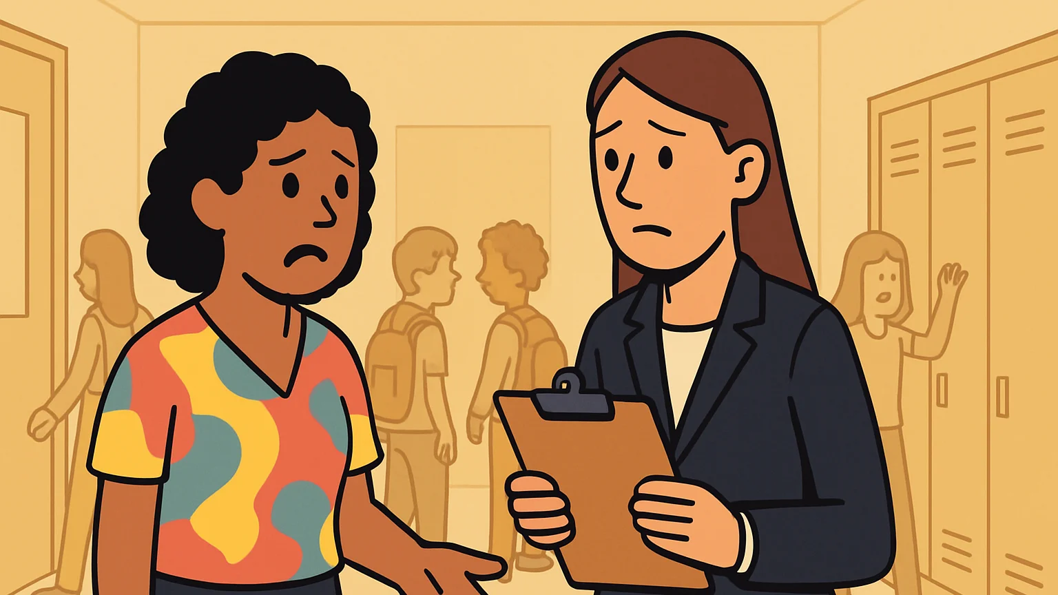 A teacher and a school official discuss retaliation in a school hallway.