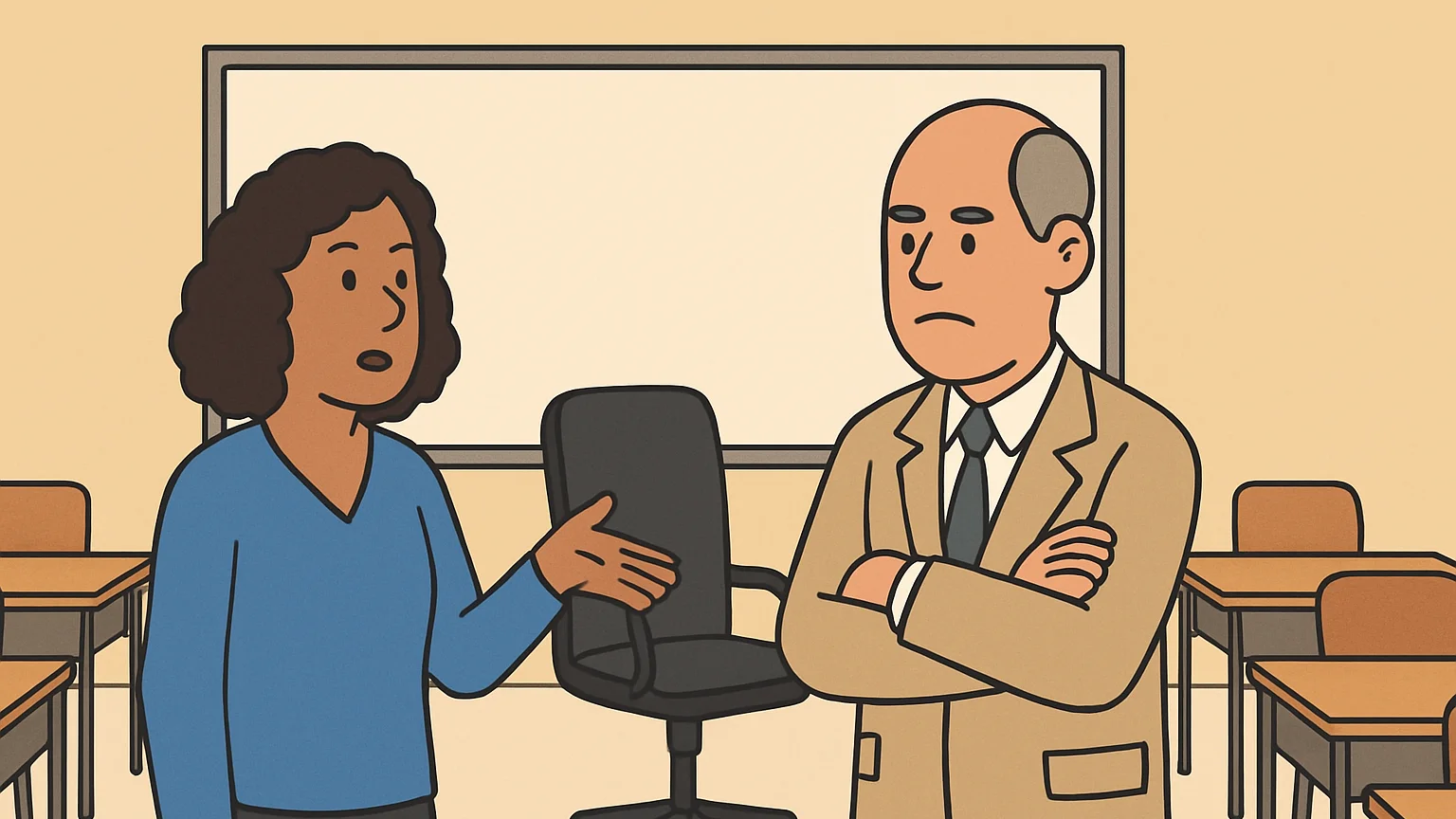 A teacher gestures to a school official in a classroom, next to an empty chair.