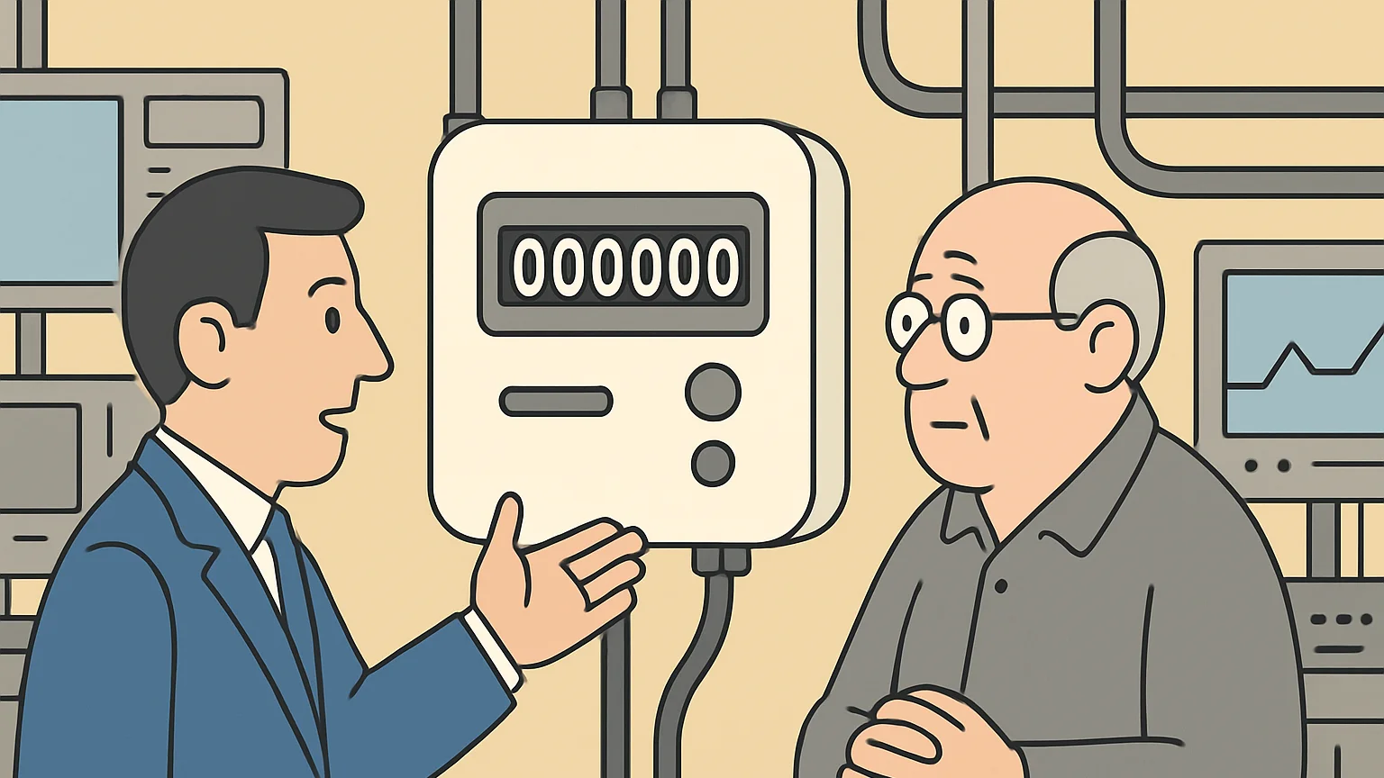 An energy supplier and a utility representative discuss a billing conflict in a control room with a digital utility meter.