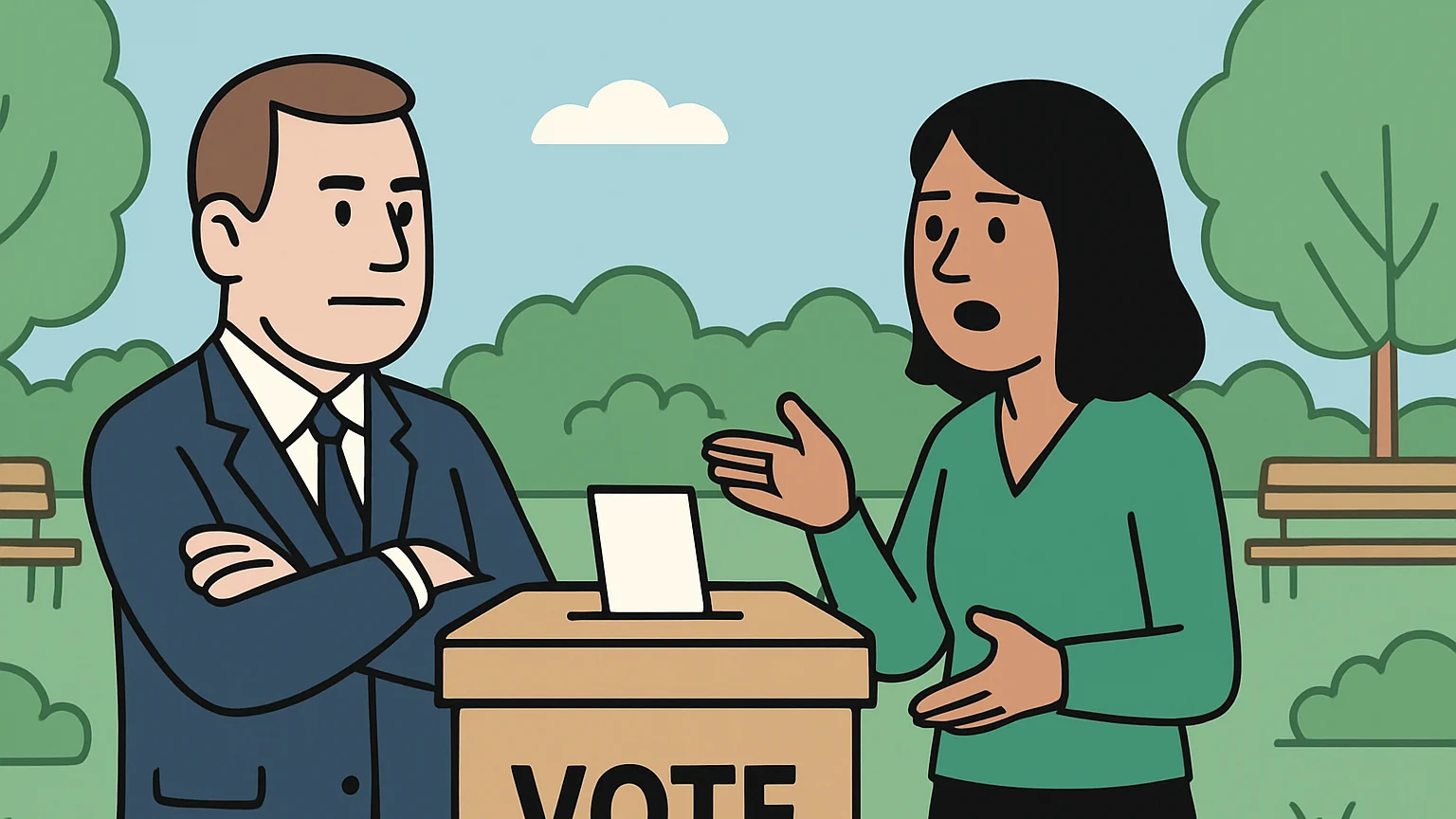 A government official and a voting rights advocate discuss new voter verification rules by a ballot box.