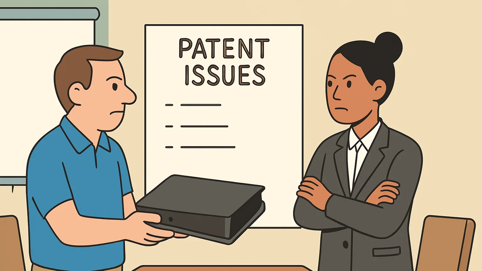 A patent holder and tech representative in a conference room dispute over a gaming console.