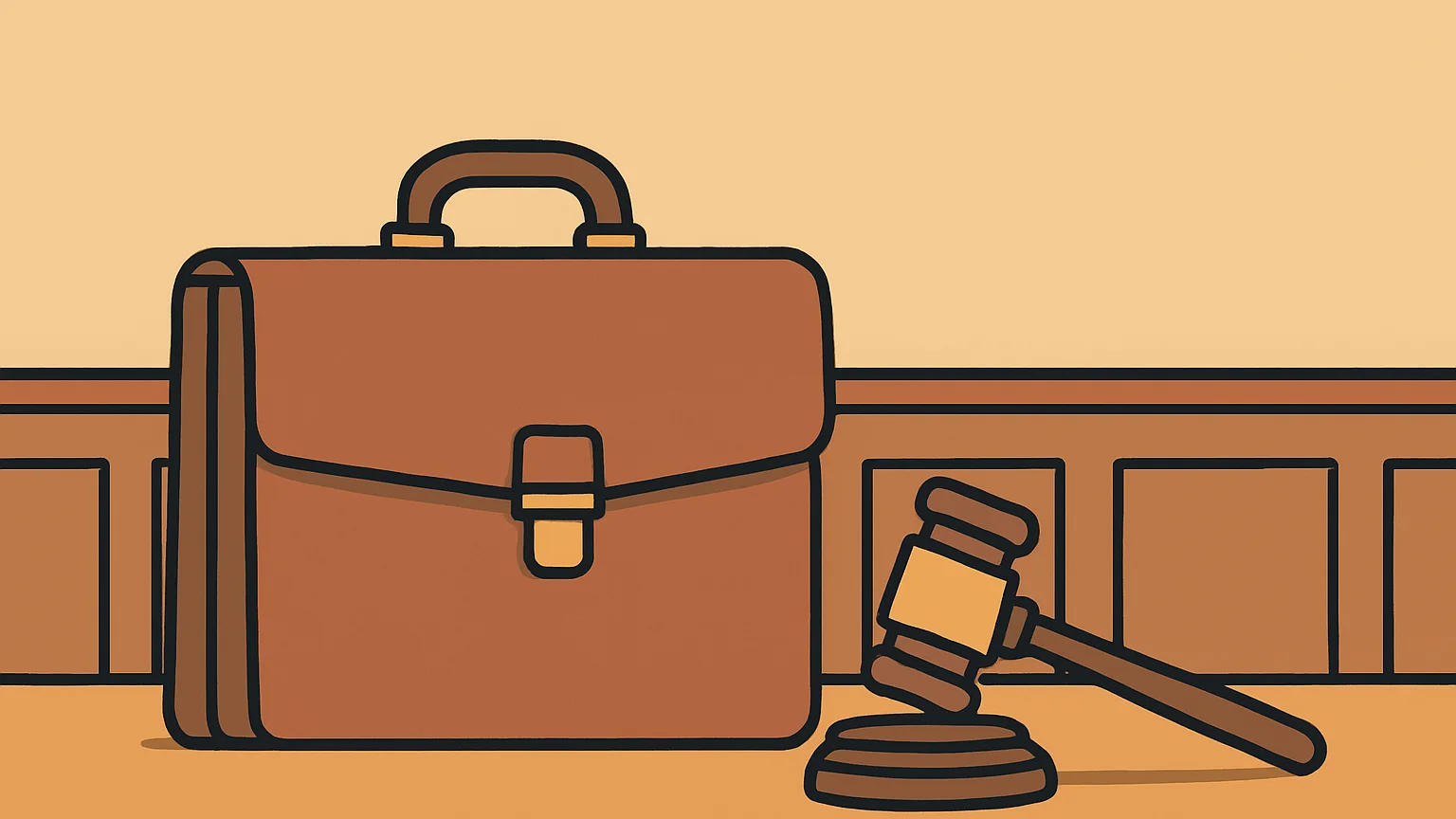 Symbolic illustration: a closed leather briefcase beside a gavel