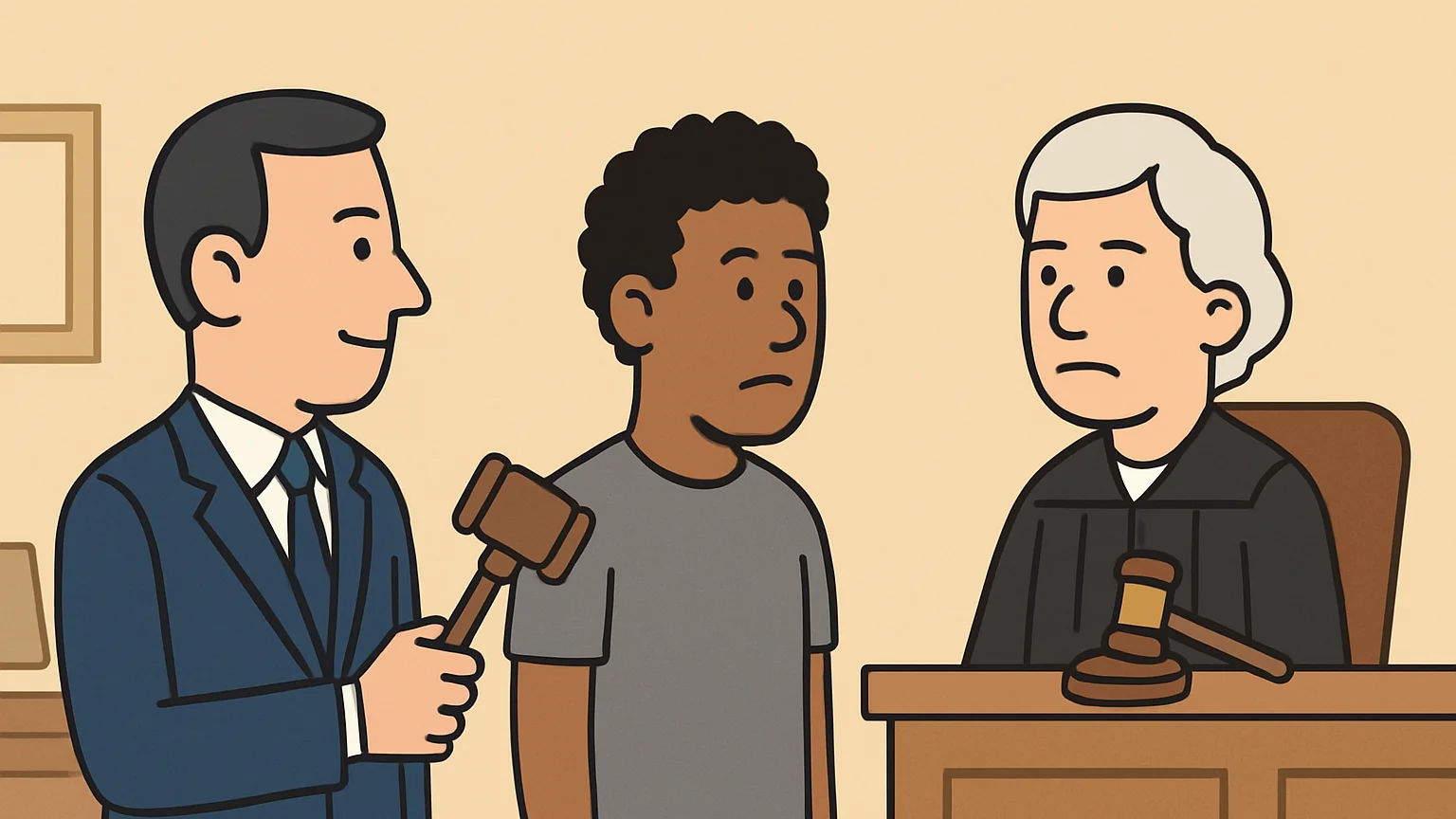 A courtroom scene with the prosecution and defendant discussing the fairness of a sentence.