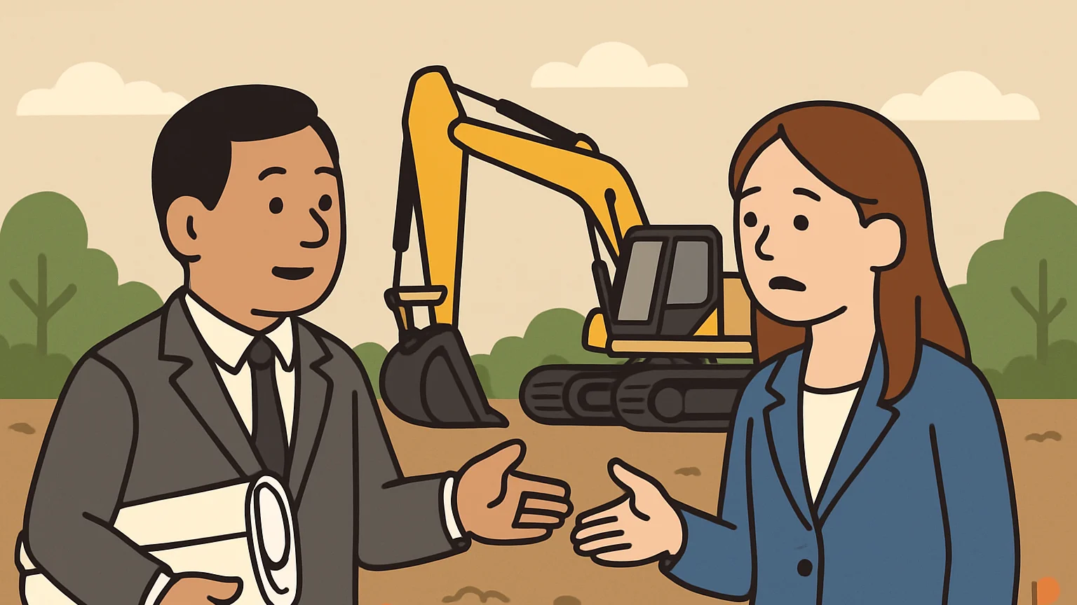 Two representatives from rival companies stand at a construction site, disputing the validity of clearances for building a waste treatment plant, with construction equipment in the background.