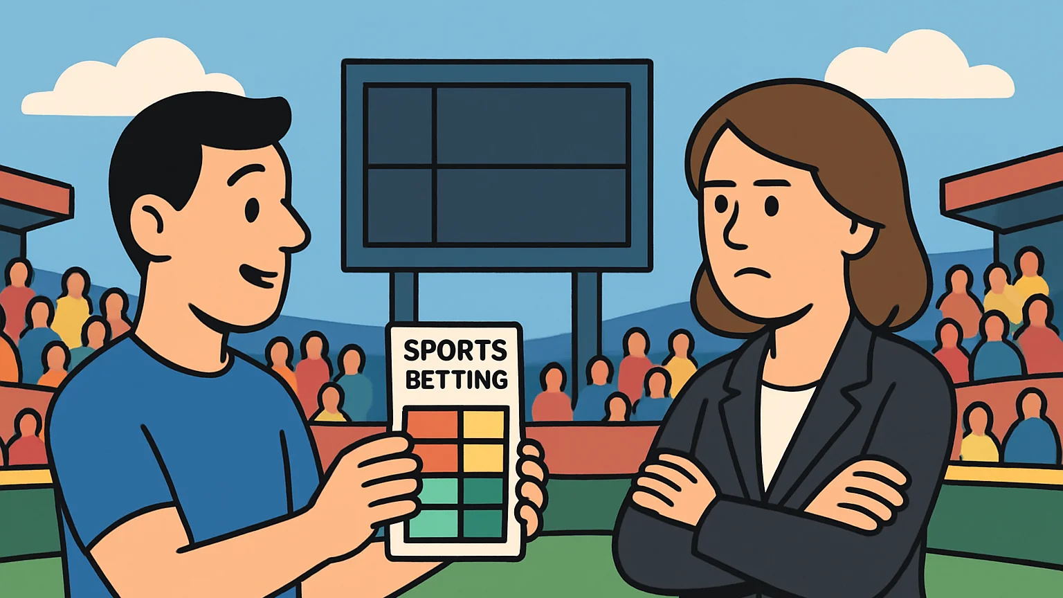 A sports contract provider and state regulator debate over a betting slip at a sports event.
