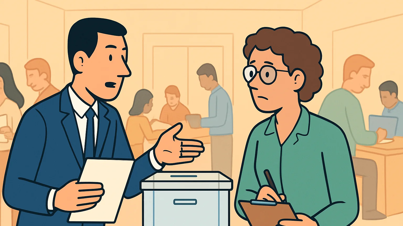 A candidate speaks with an election official in an office, discussing an empty ballot box.