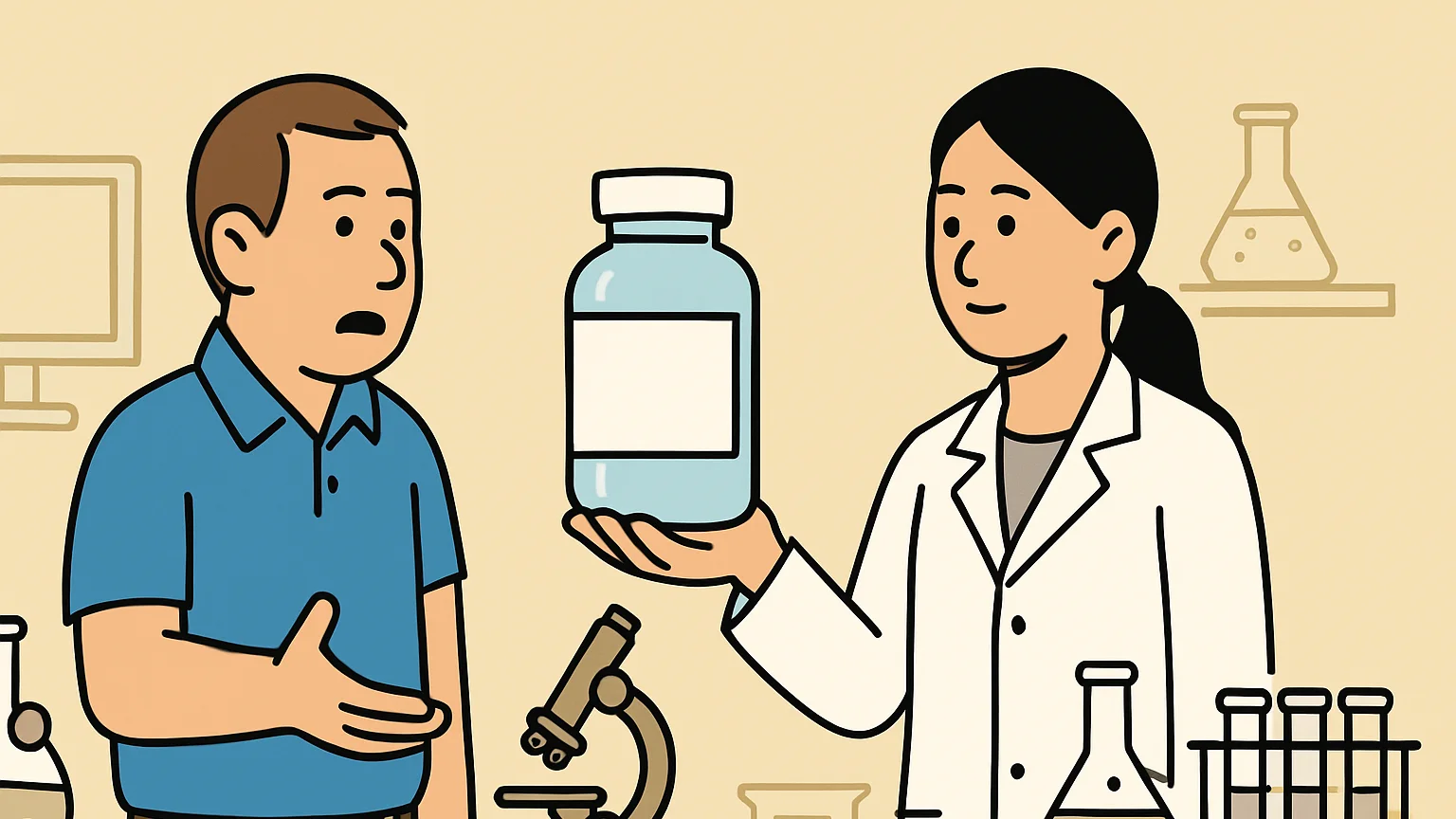 A competitor challenges a representative about the validity of a medicine bottle patent in a lab.