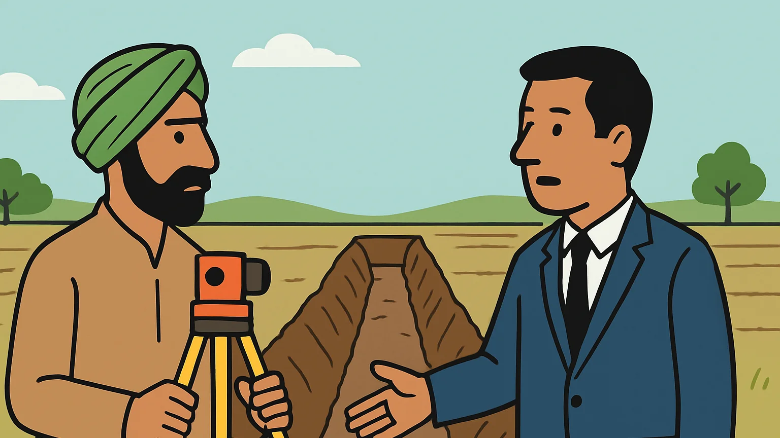 A farmer holds a surveyor's tripod in a field with a drainage canal, facing a state official gesturing towards the trench, illustrating a dispute over land compensation.