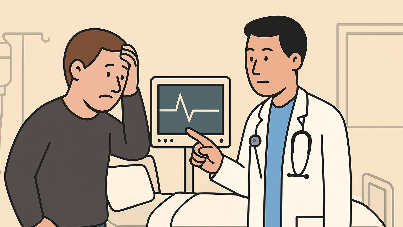 A hospital scene shows a family member distressed while a doctor points at a monitor.