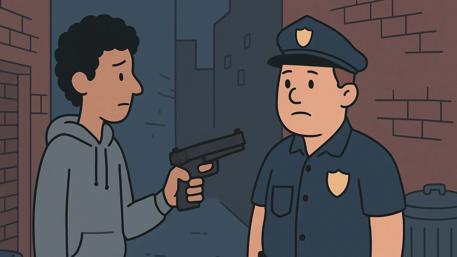 A teen holding a handgun in an alleyway, facing a law enforcement officer.