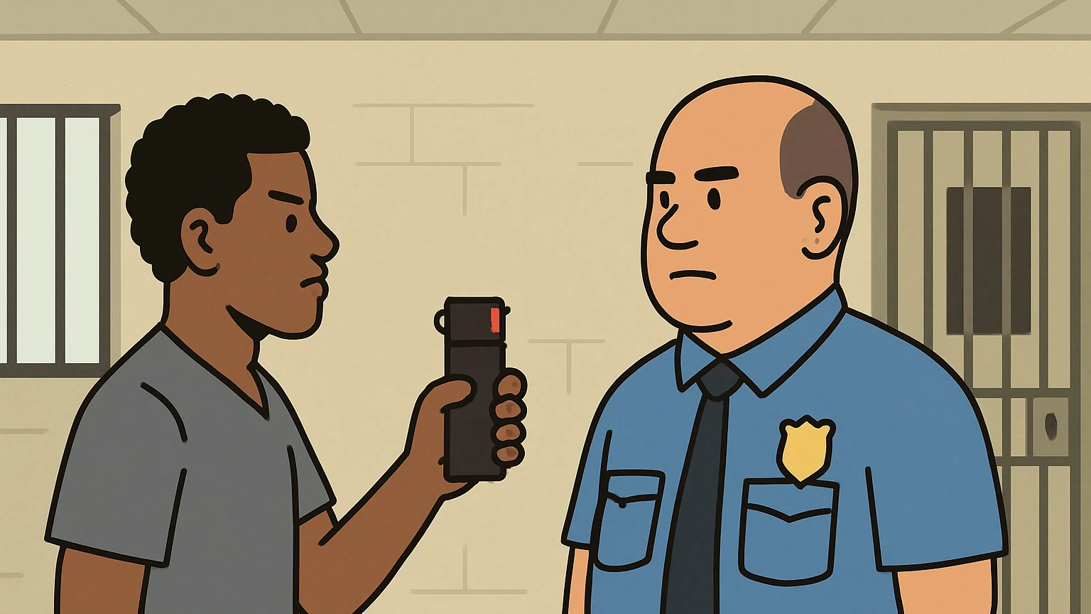 An inmate confronts a prison officer over a medical care lawsuit related to pepper spray.