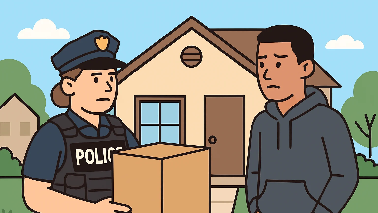 A police officer holds a box at a house while a concerned young man stands nearby.