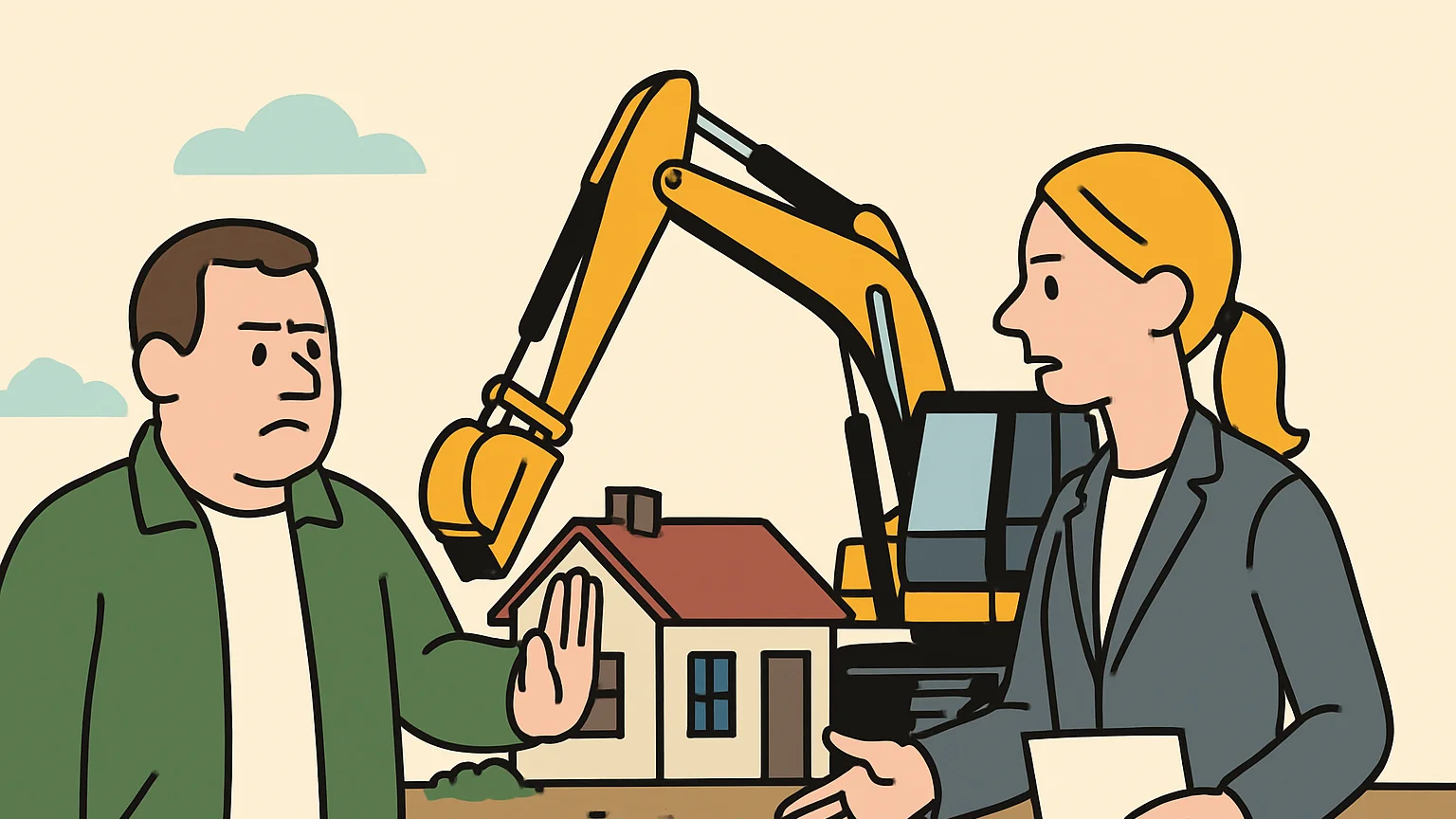 A property owner and a company representative stand at a construction site, with an excavator visible.