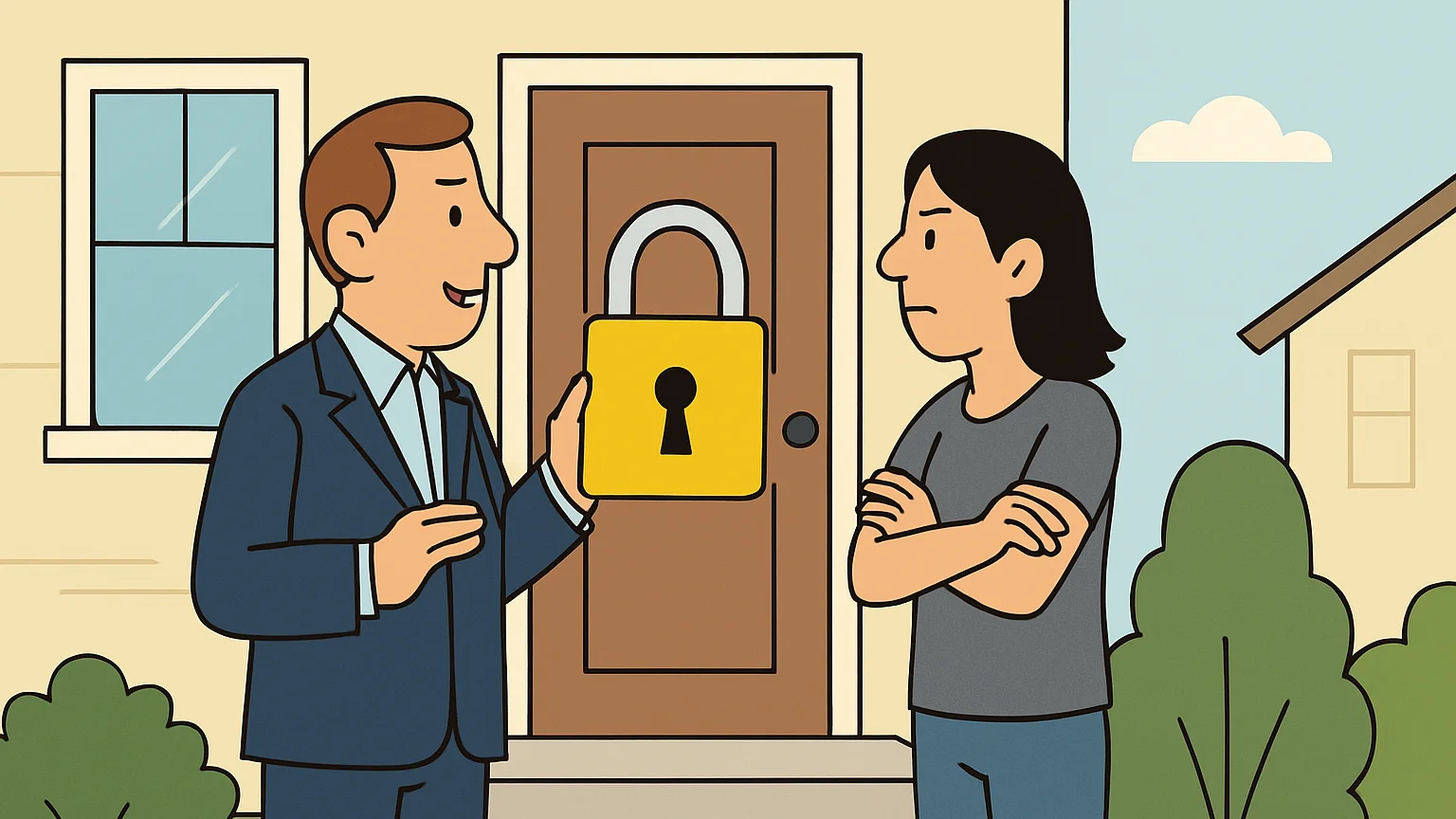 A bank representative confronts a concerned homeowner over a foreclosure issue.