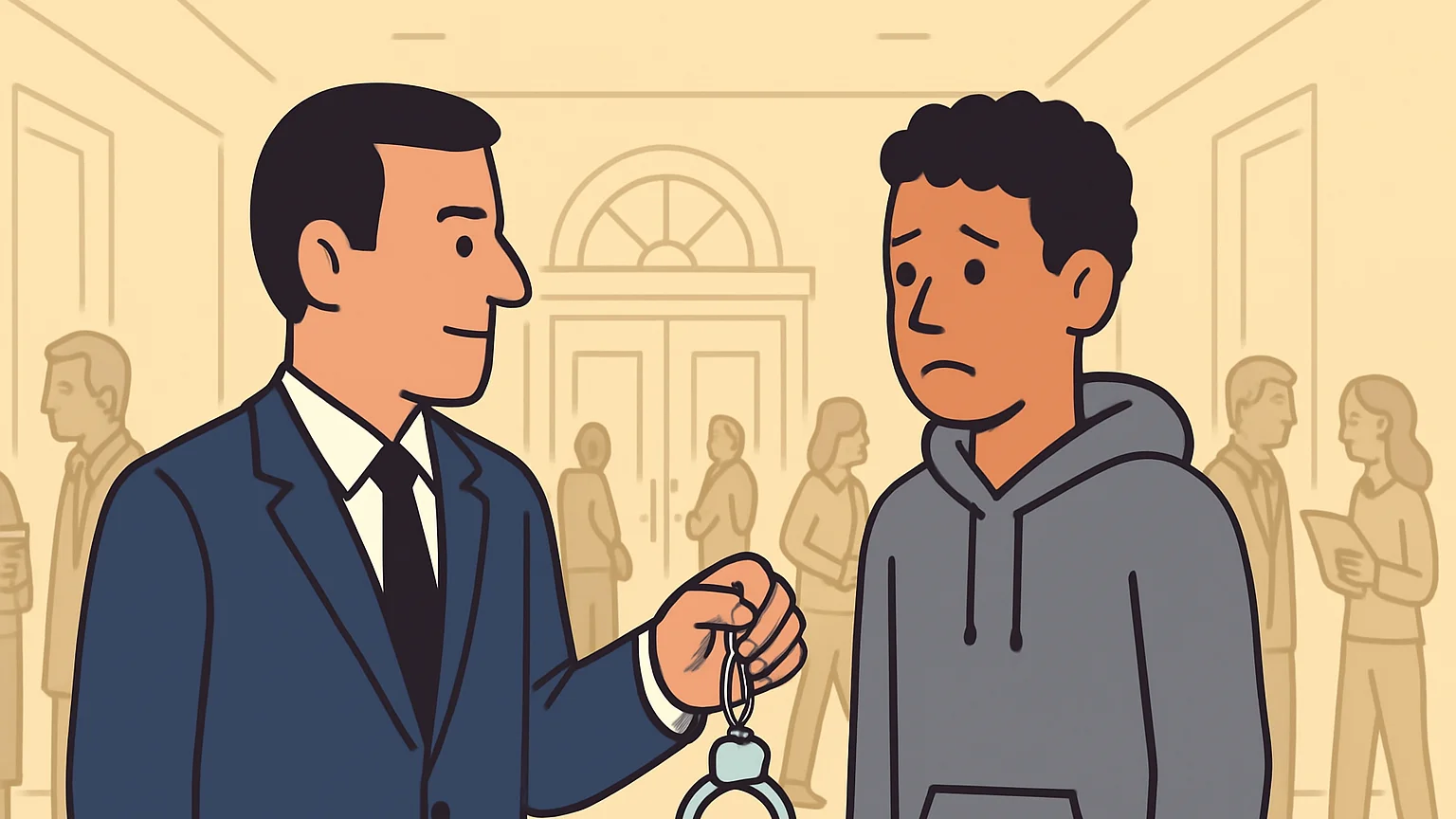 A young man in a hoodie faces a prosecutor in a courthouse, both by a pair of handcuffs.