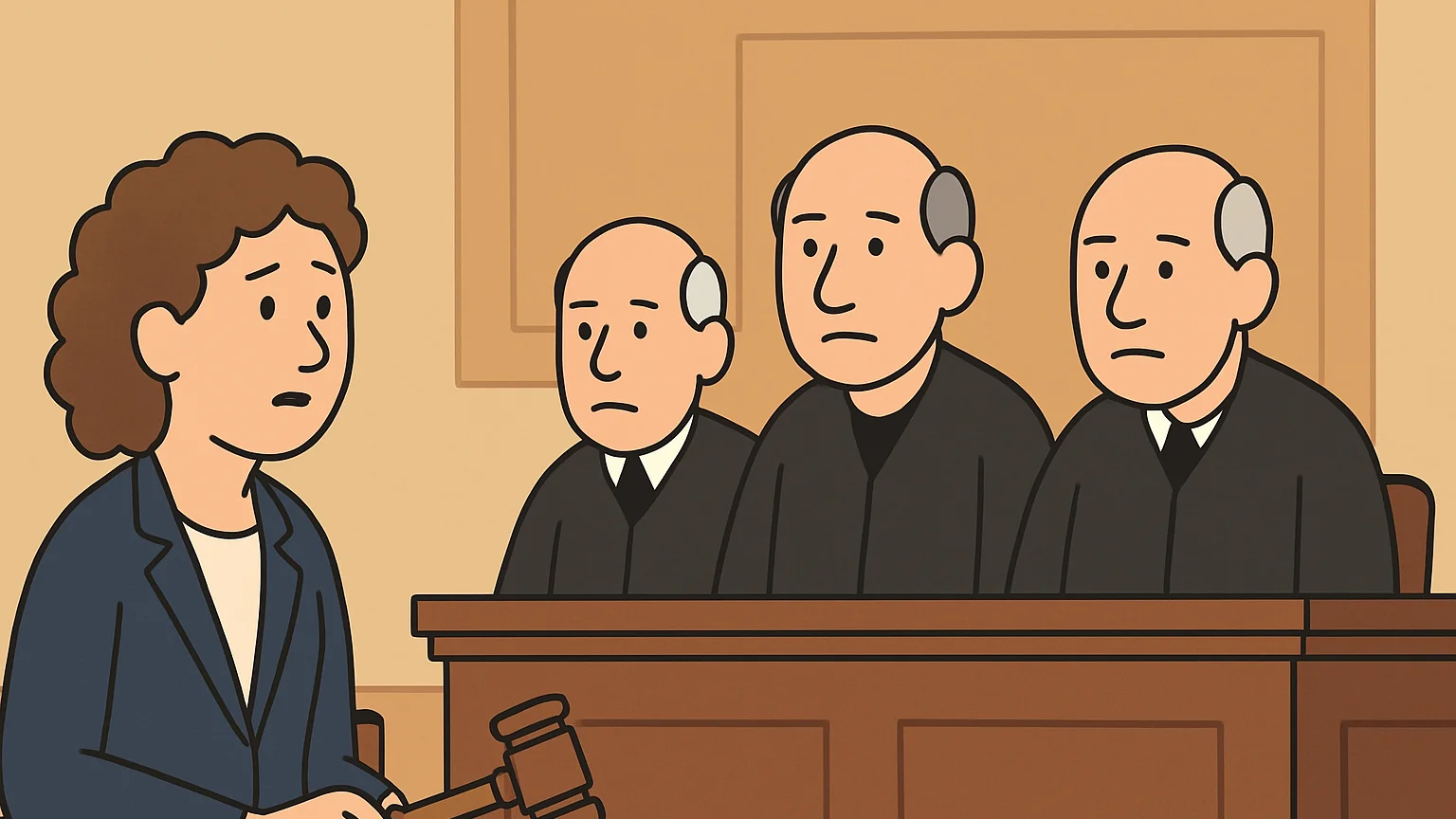 A courtroom scene showing an expert seeking approval from judges over a registration transfer.
