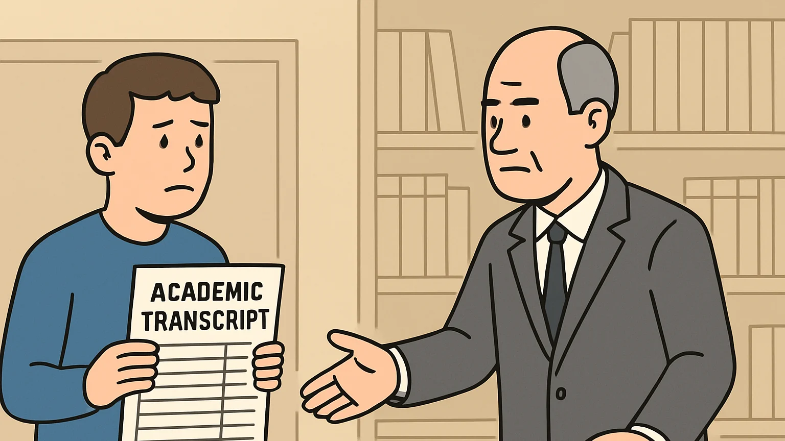 A student and a university official discuss an academic dismissal in an office.