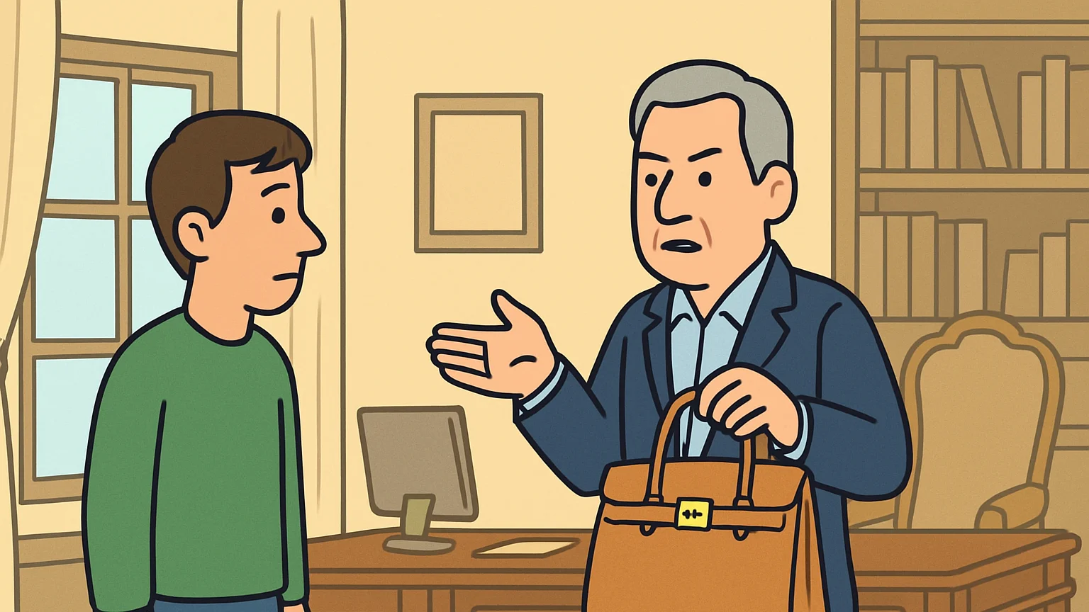 A boss gestures toward a luxury handbag held by his assistant, suggesting a dispute over money.