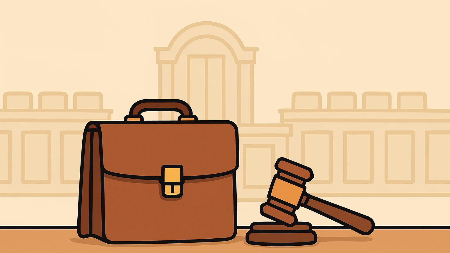 Symbolic illustration: a closed leather briefcase beside a gavel