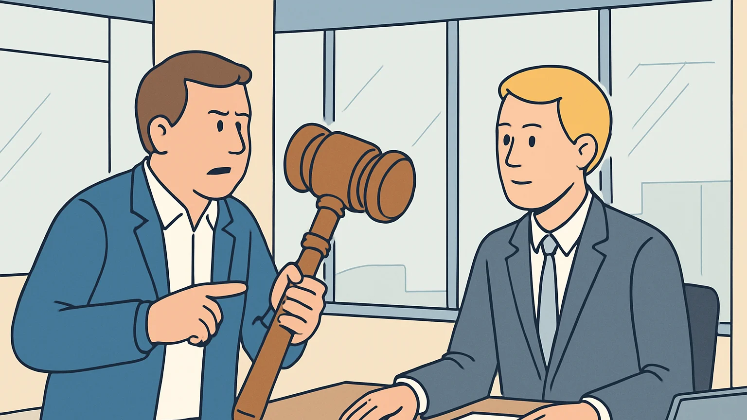 A financial partner and a legal advisor discuss the delay of a case in a conference room.