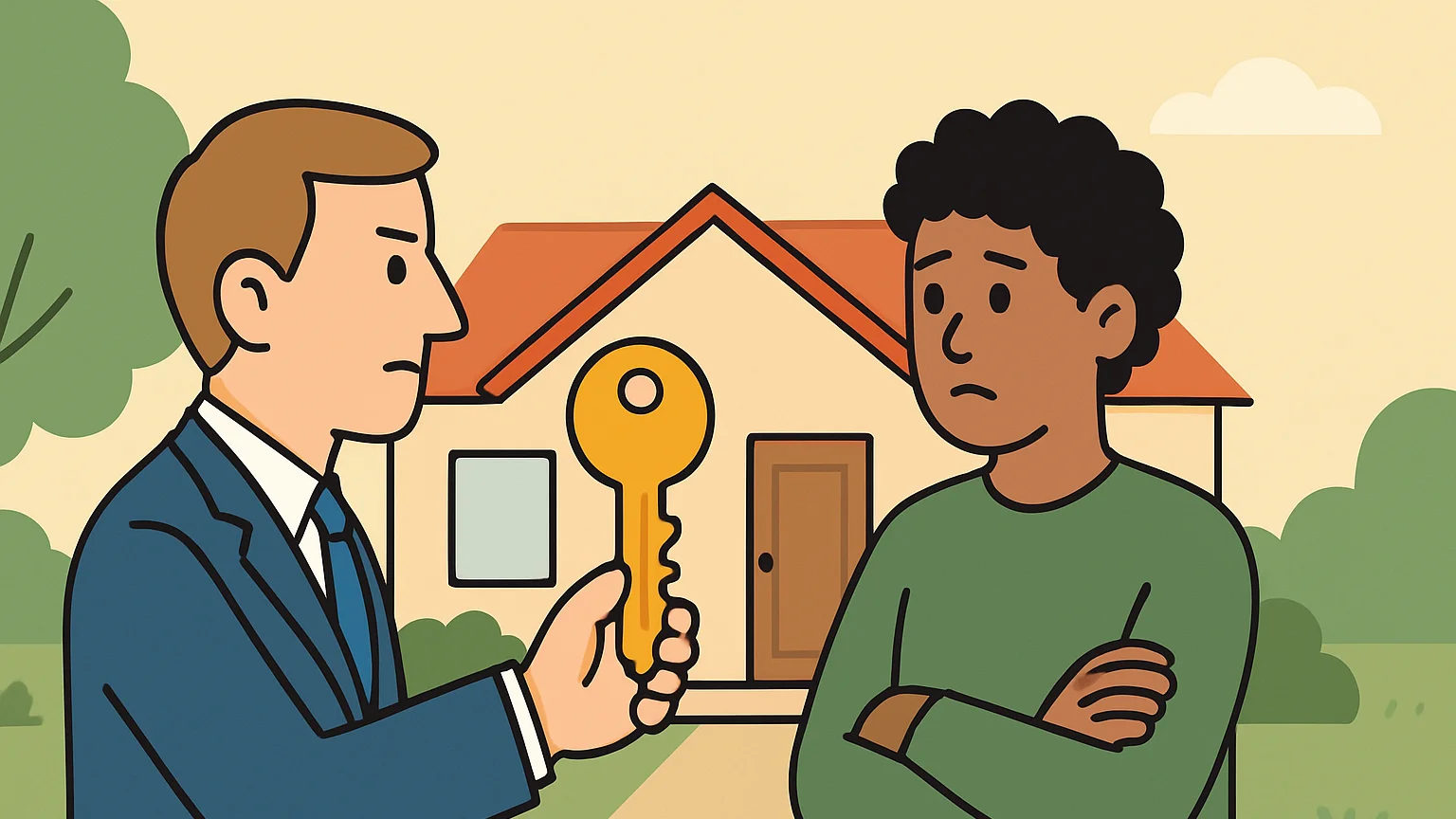 A bank rep confronts a homeowner's heir over a loan dispute outside a house.